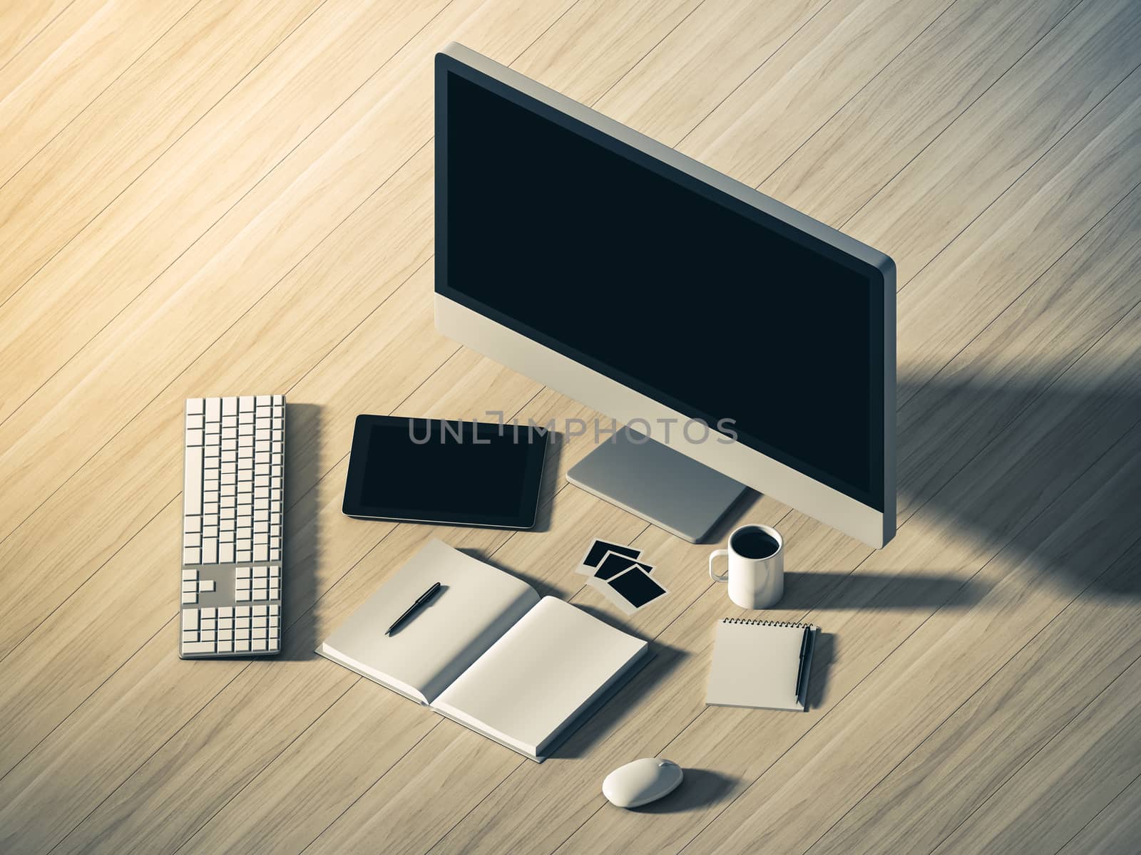 High angle view of a setting table of business workplace, shot in office, home work space