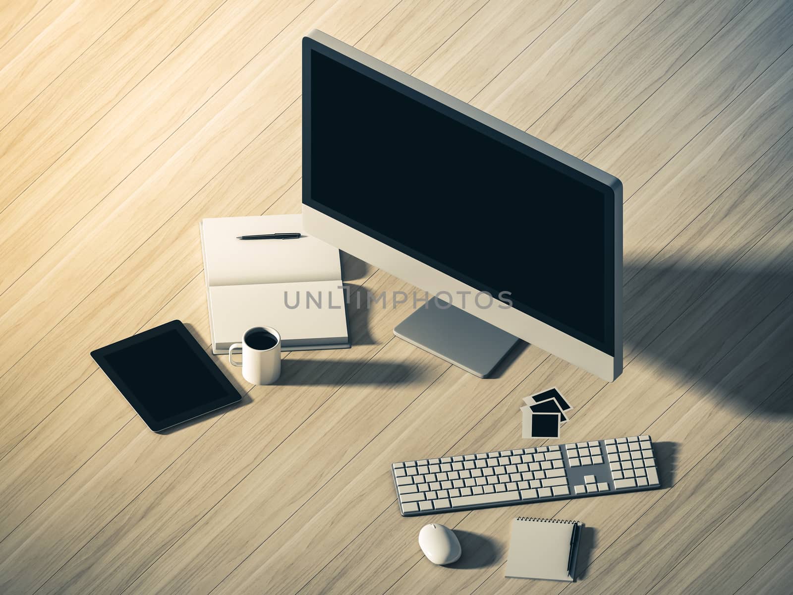 High angle view of a setting table of business workplace, shot in office, home work space