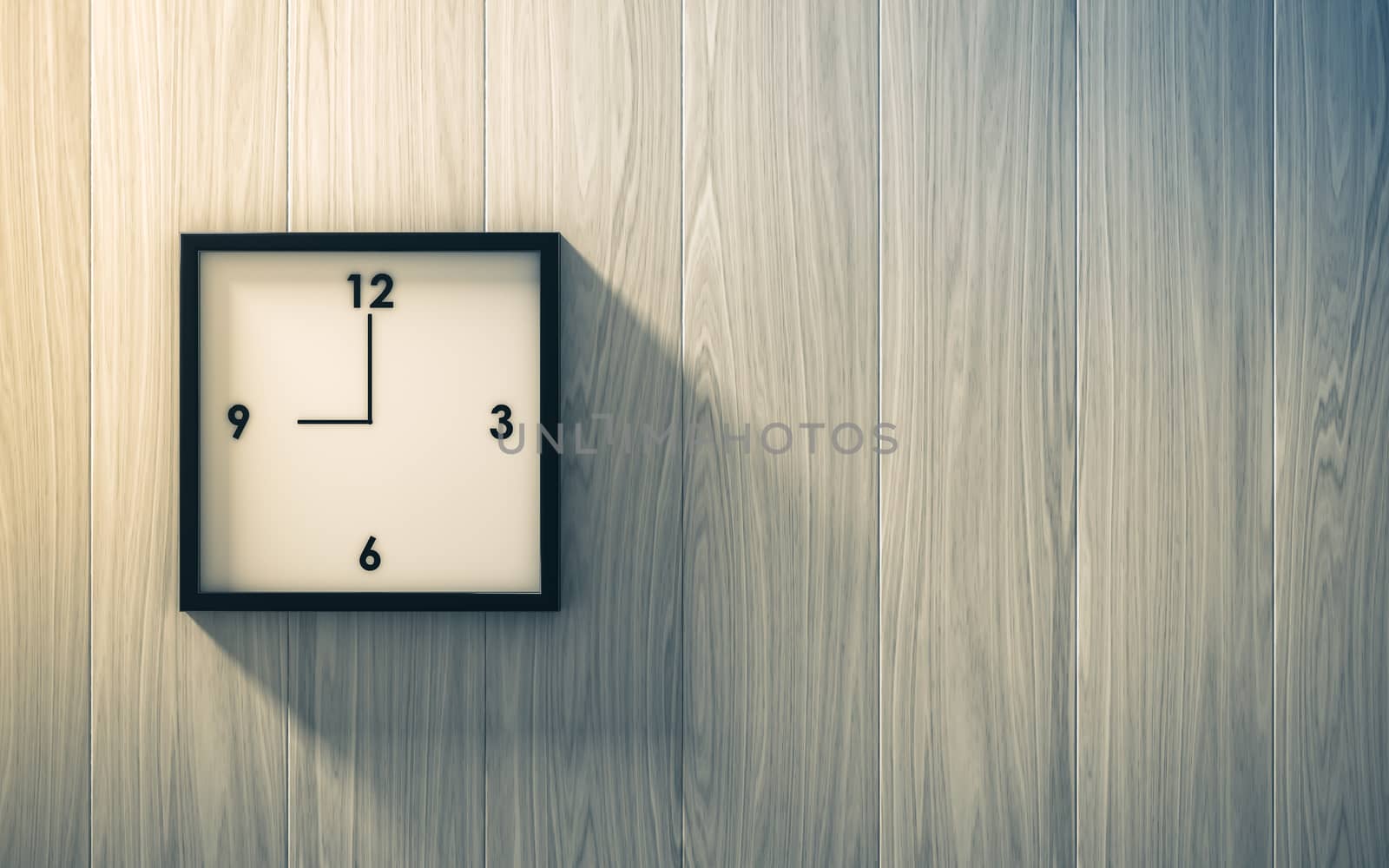 Black clock hanging on the wood wall  by teerawit