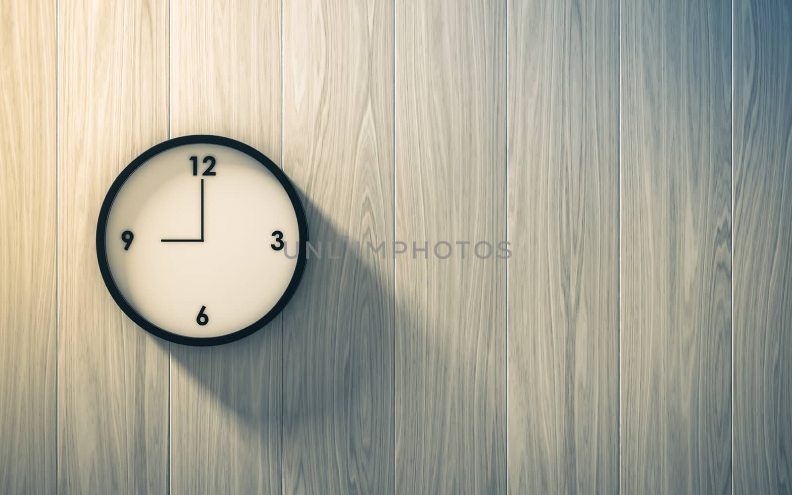 Black clock hanging on the wood wall , abstract background