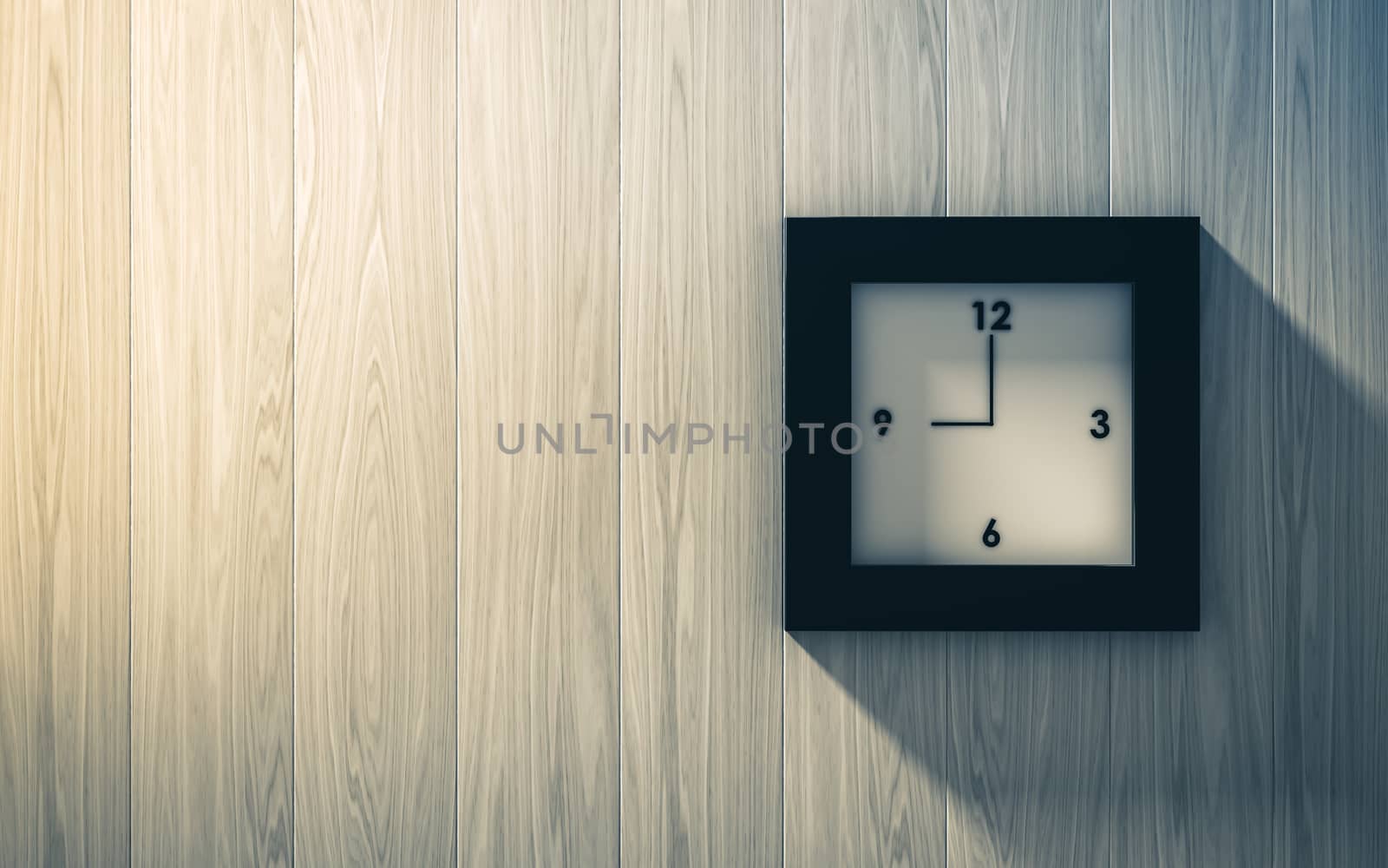 Black clock hanging on the wood wall , abstract background