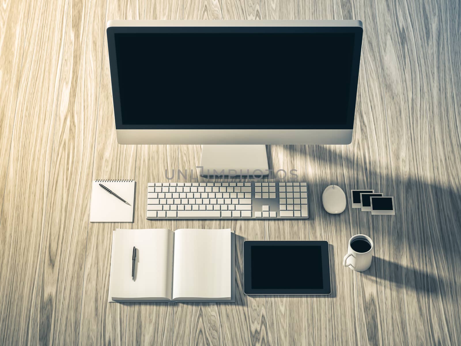 High angle view of a setting table of business workplace, shot in office, home work space