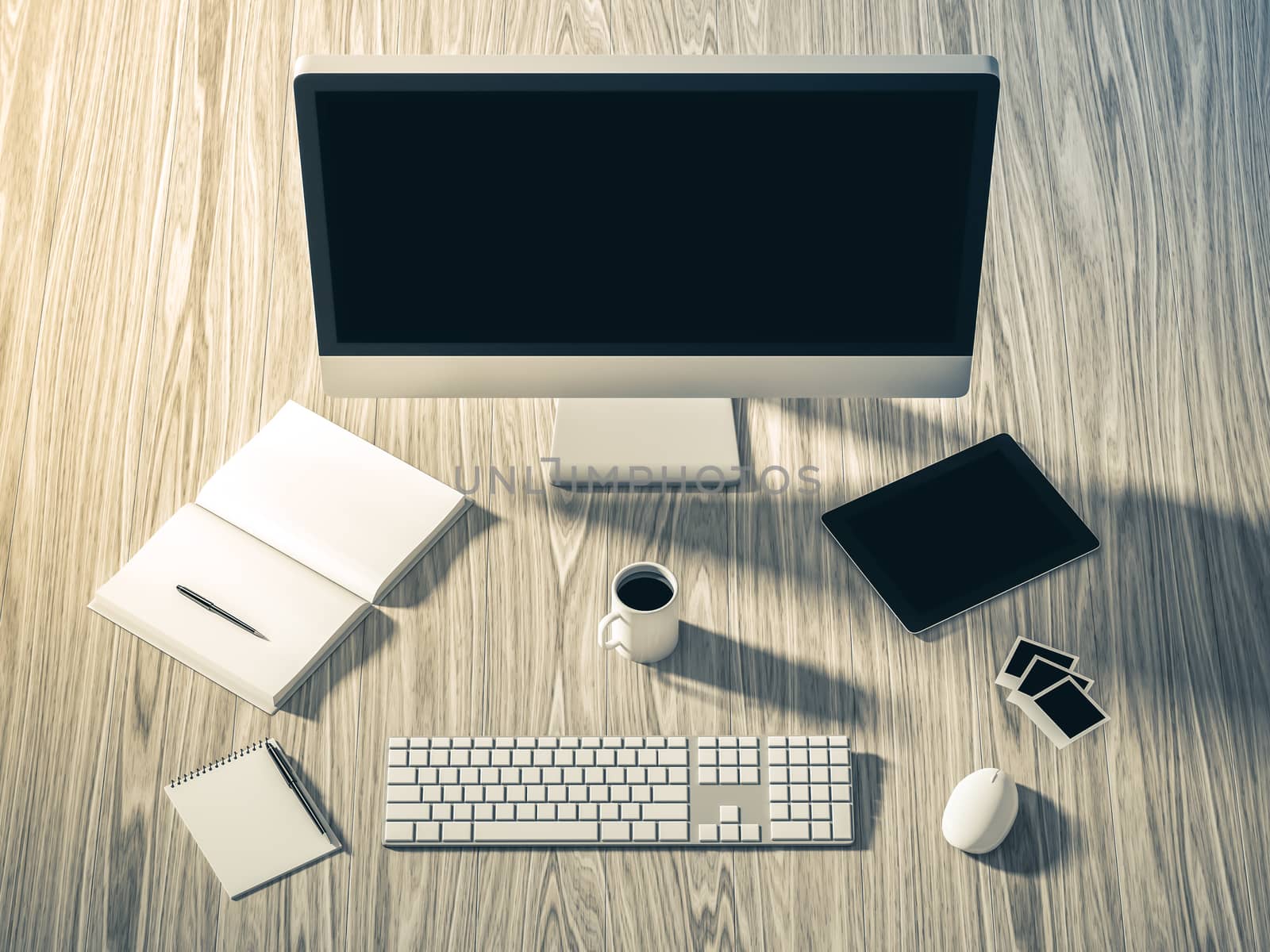 High angle view of a setting table of business workplace, shot in office, home work space