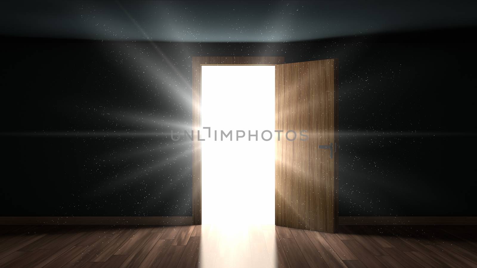 Light and particles in a room through the opening door by manaemedia