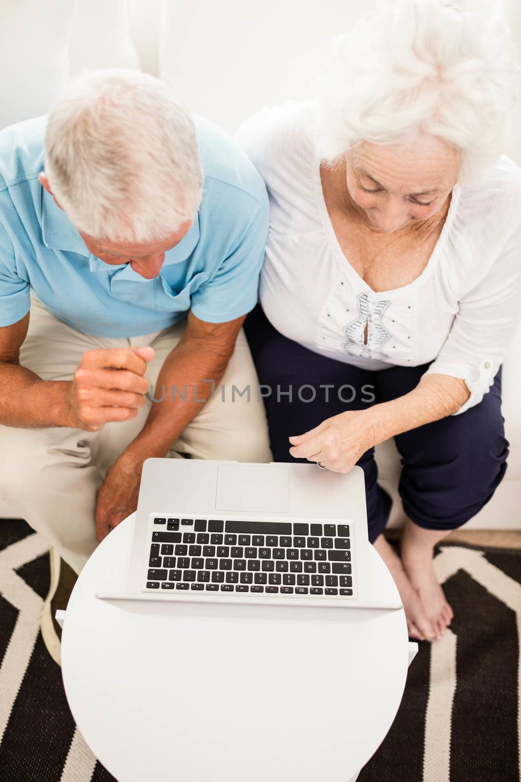 Smiling senior couple using laptop at home