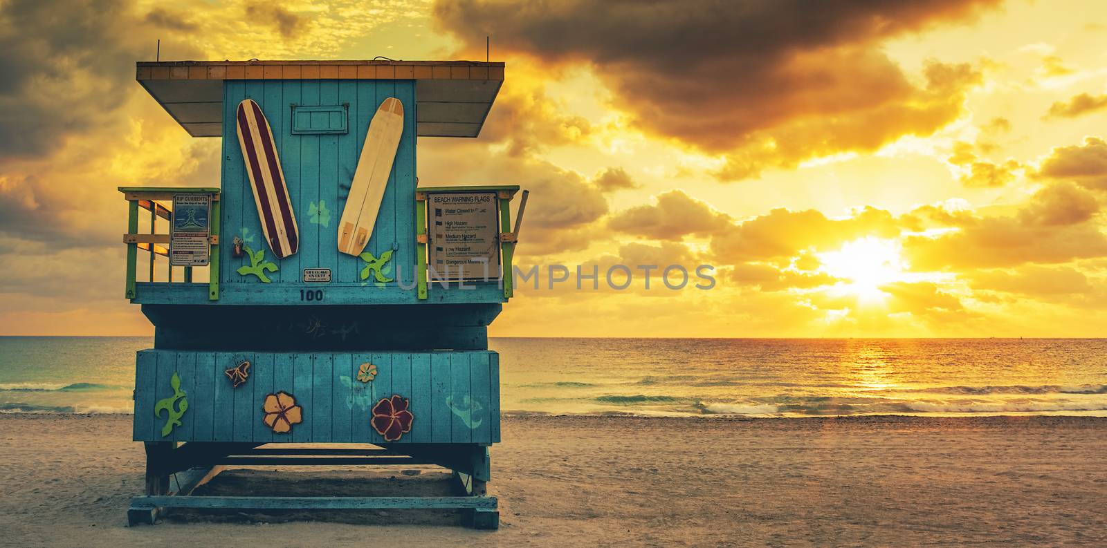 Miami South Beach sunrise with lifeguard tower, USA.