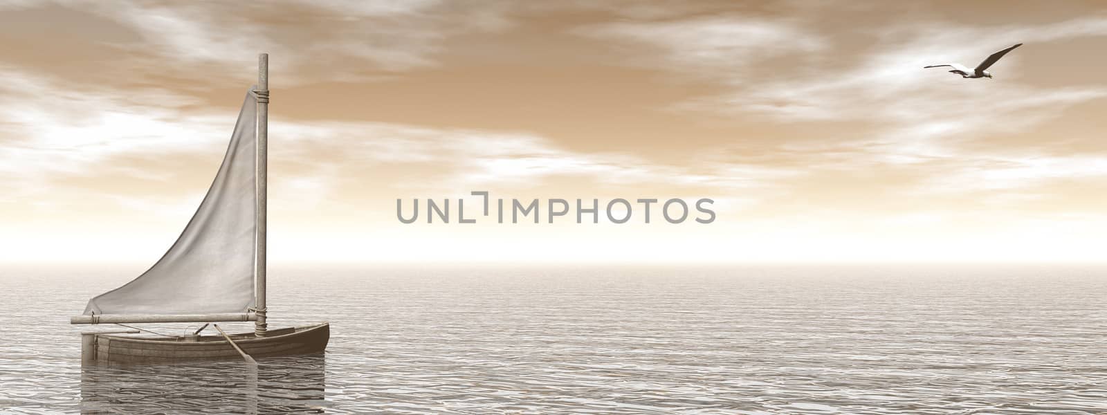 Small sailing boat on the ocean by brown sunset - 3D render