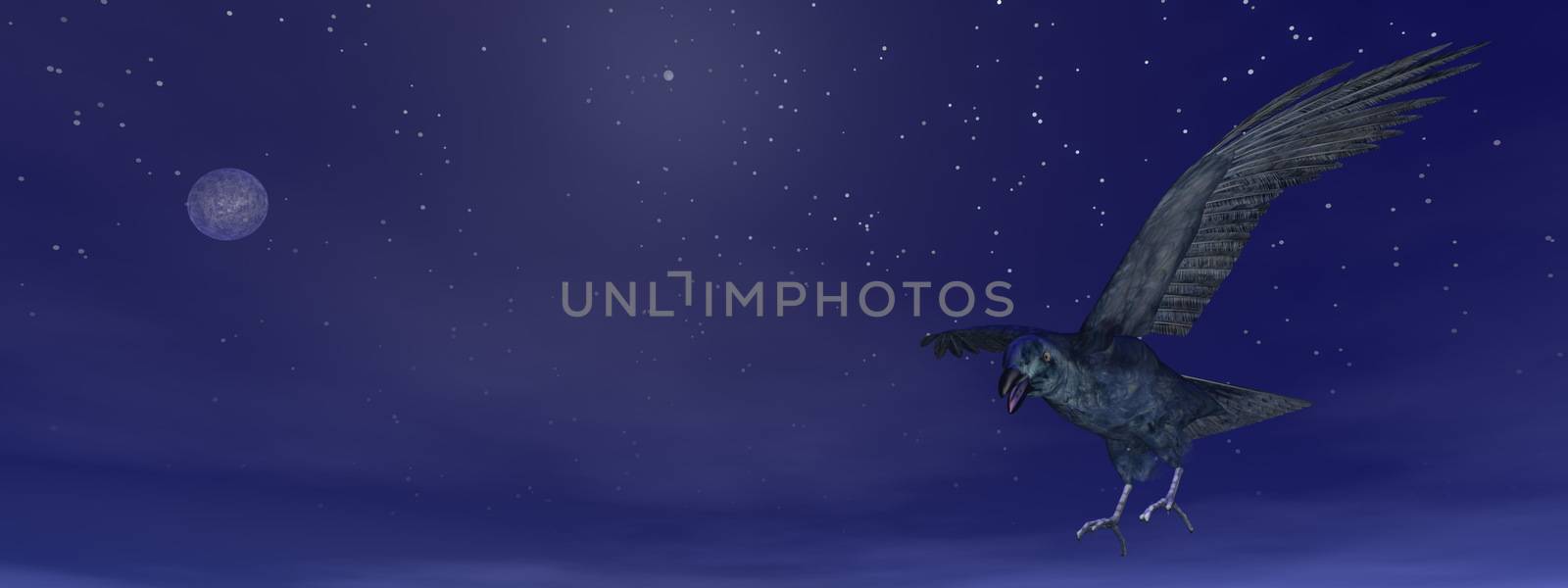 Black crow flying by dark night - 3D render