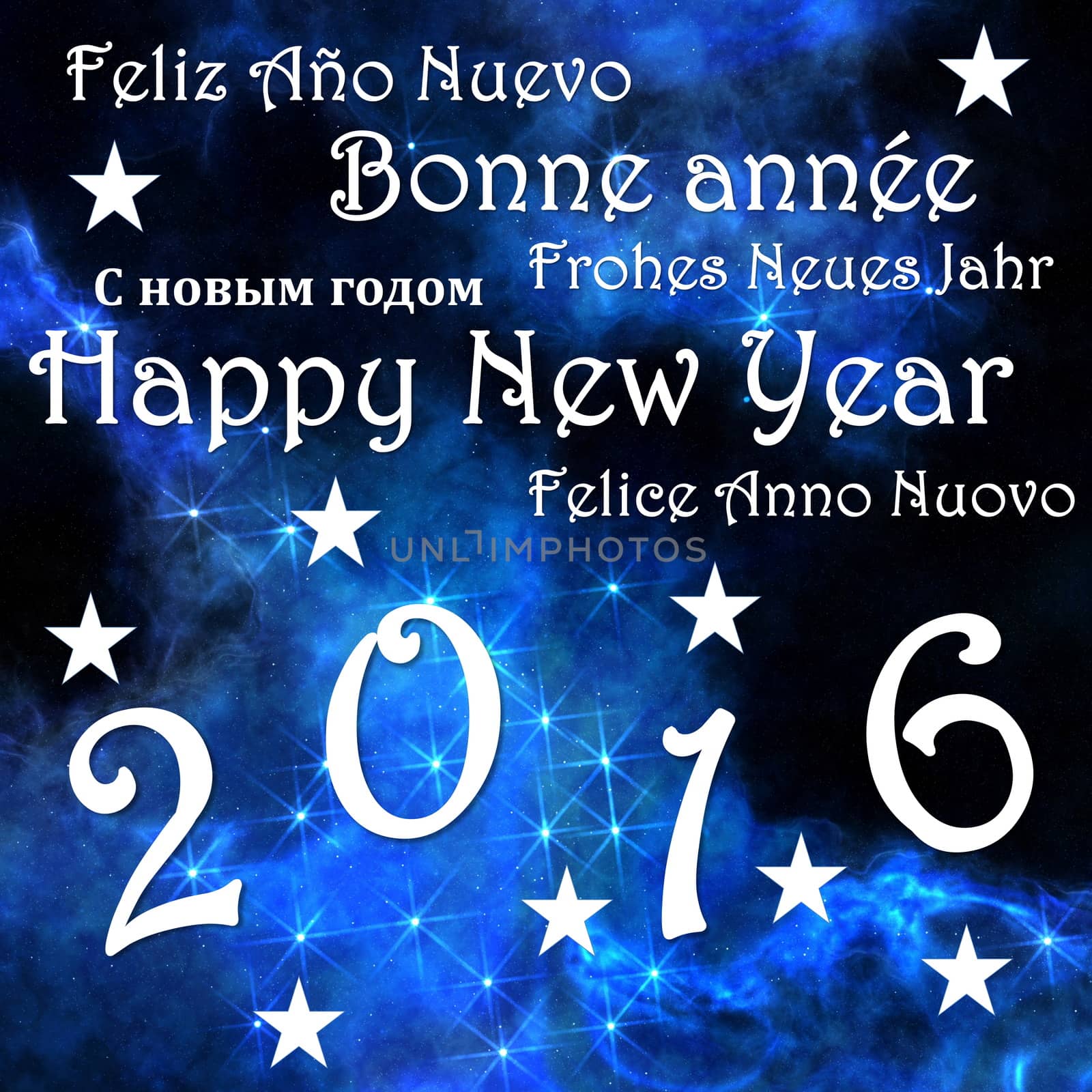 Happy new year 2016, in blue sky background with stars - 3D render