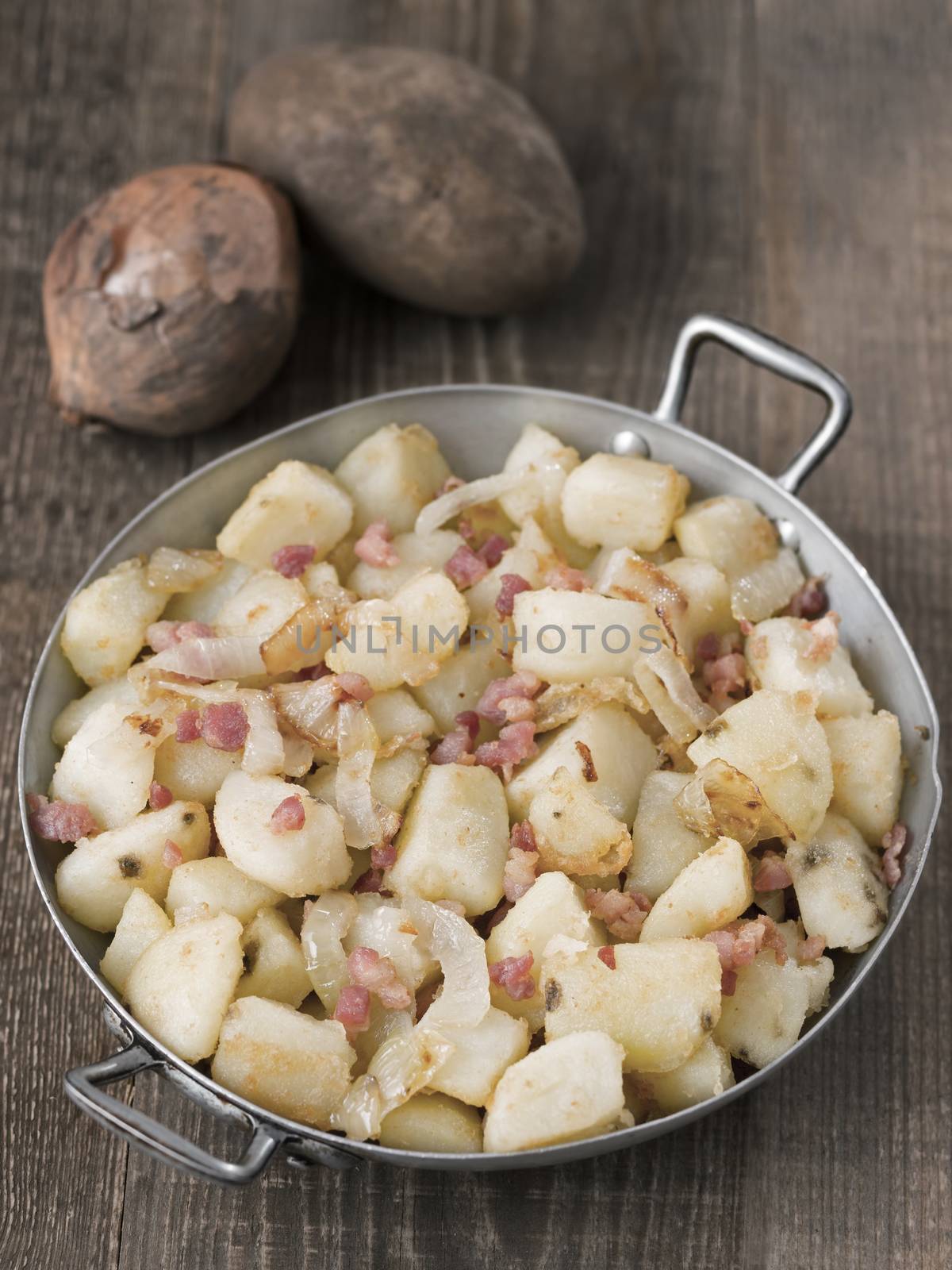 close up of rustic german pan fried potato bratkartoffeln