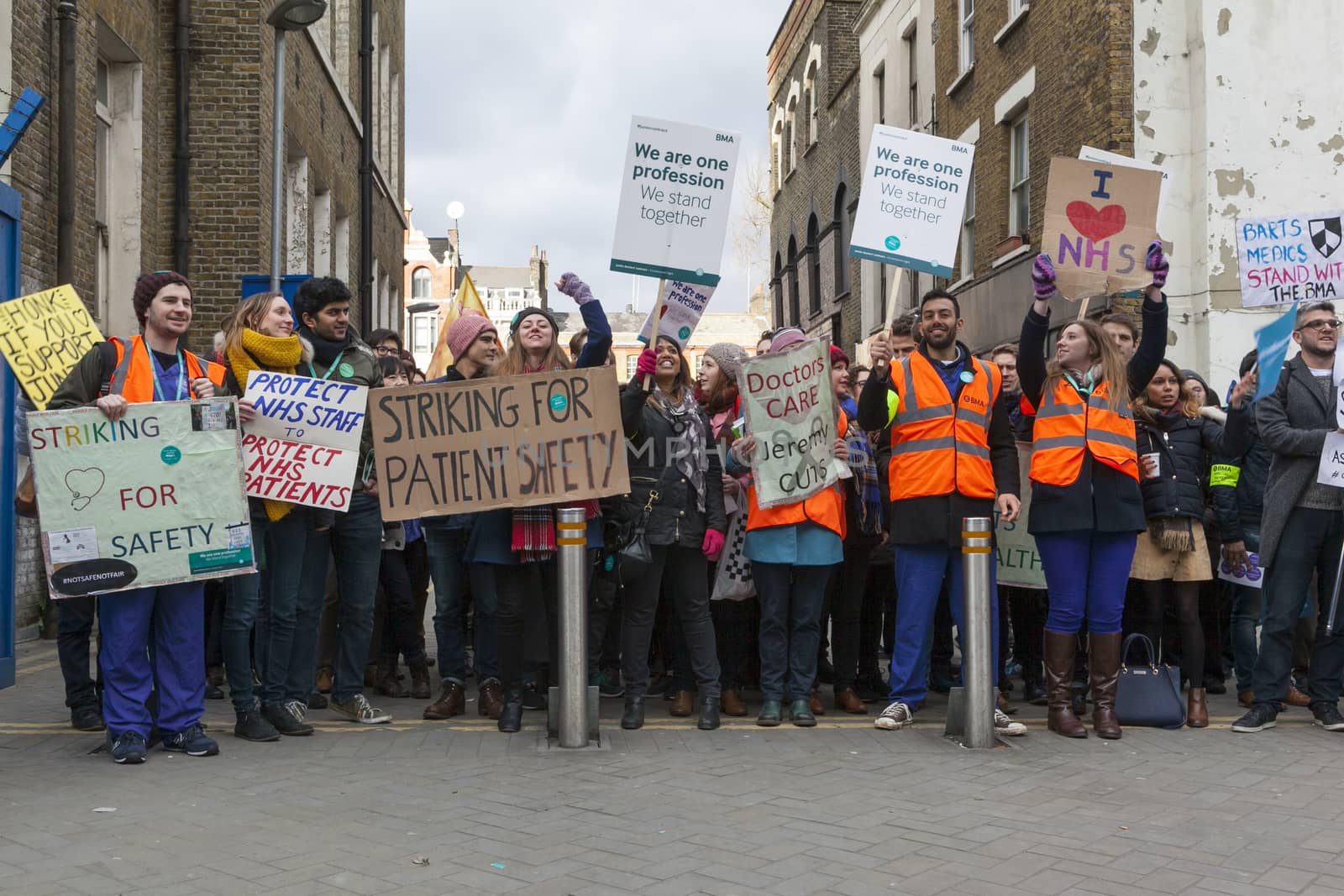 ENGLAND, London: Junior Doctors held a protest outside Royal London Hospital on February 10, 2016, in London. The strike claim's the doctors would be over-worked which would lead to patients being endangered.  