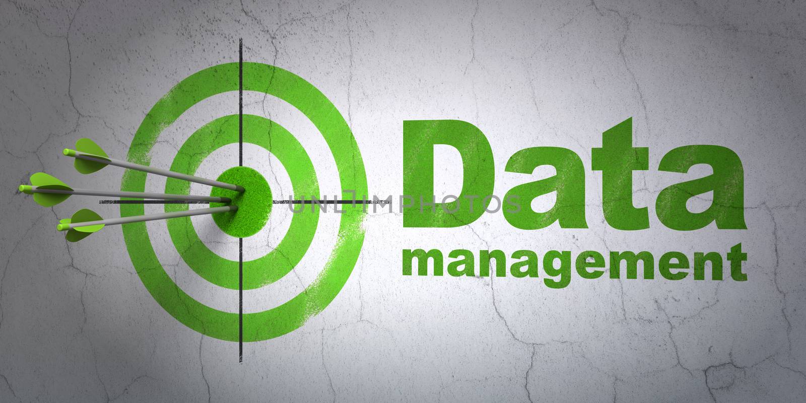 Success Information concept: arrows hitting the center of target, Green Data Management on wall background