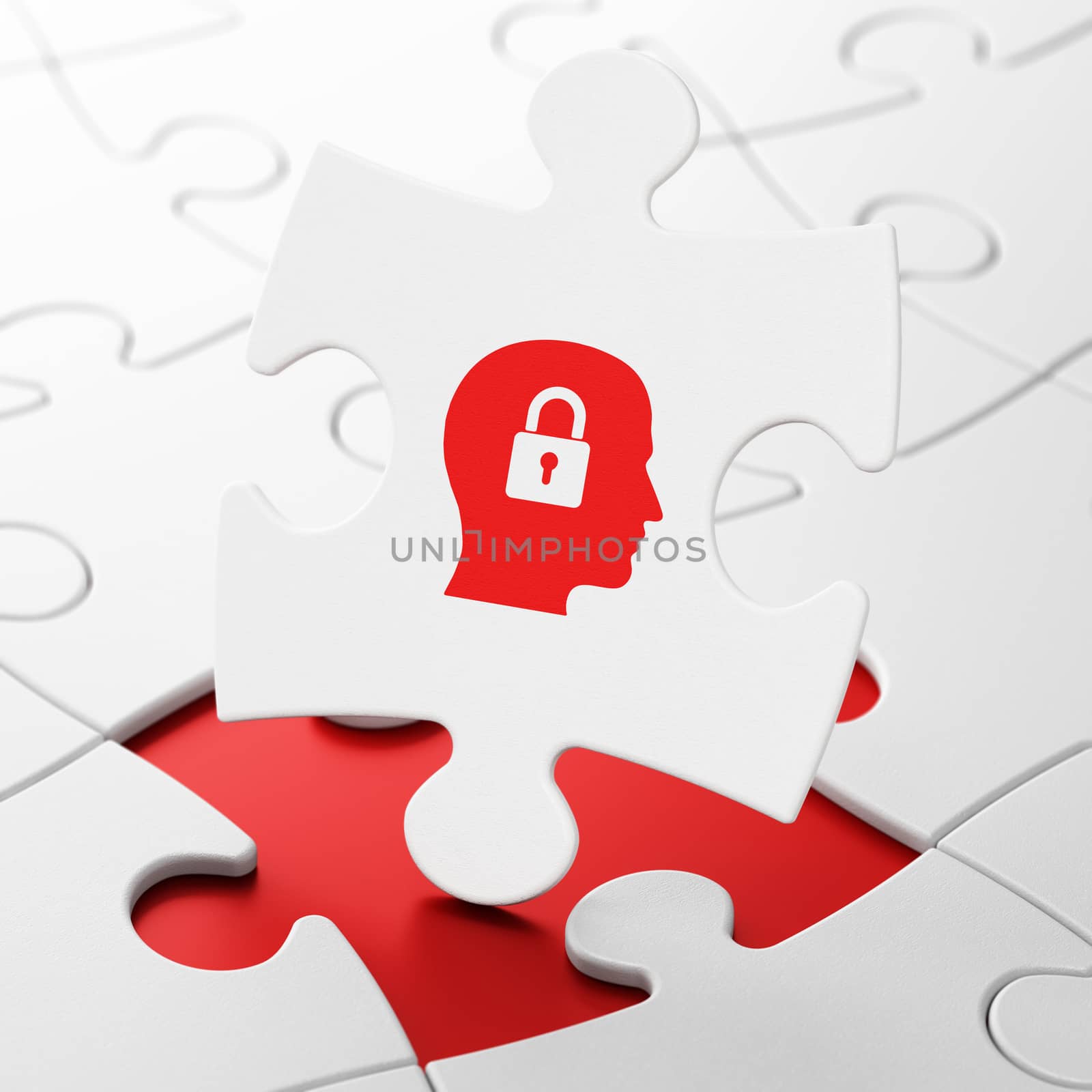 Information concept: Head With Padlock on White puzzle pieces background, 3d render
