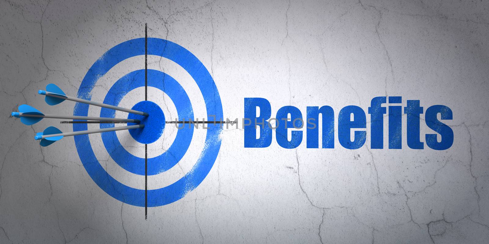 Success business concept: arrows hitting the center of target, Blue Benefits on wall background