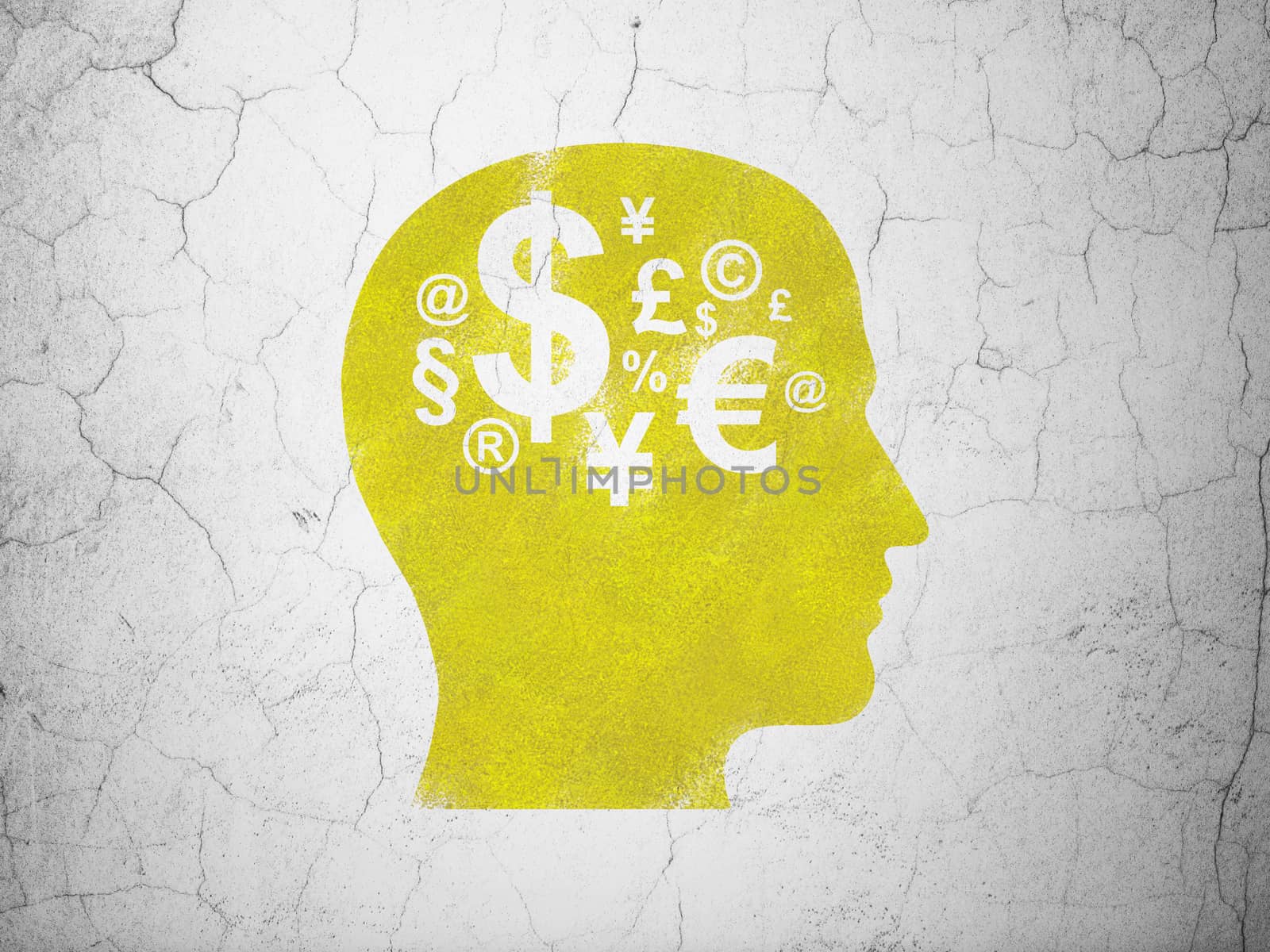Finance concept: Yellow Head With Finance Symbol on textured concrete wall background