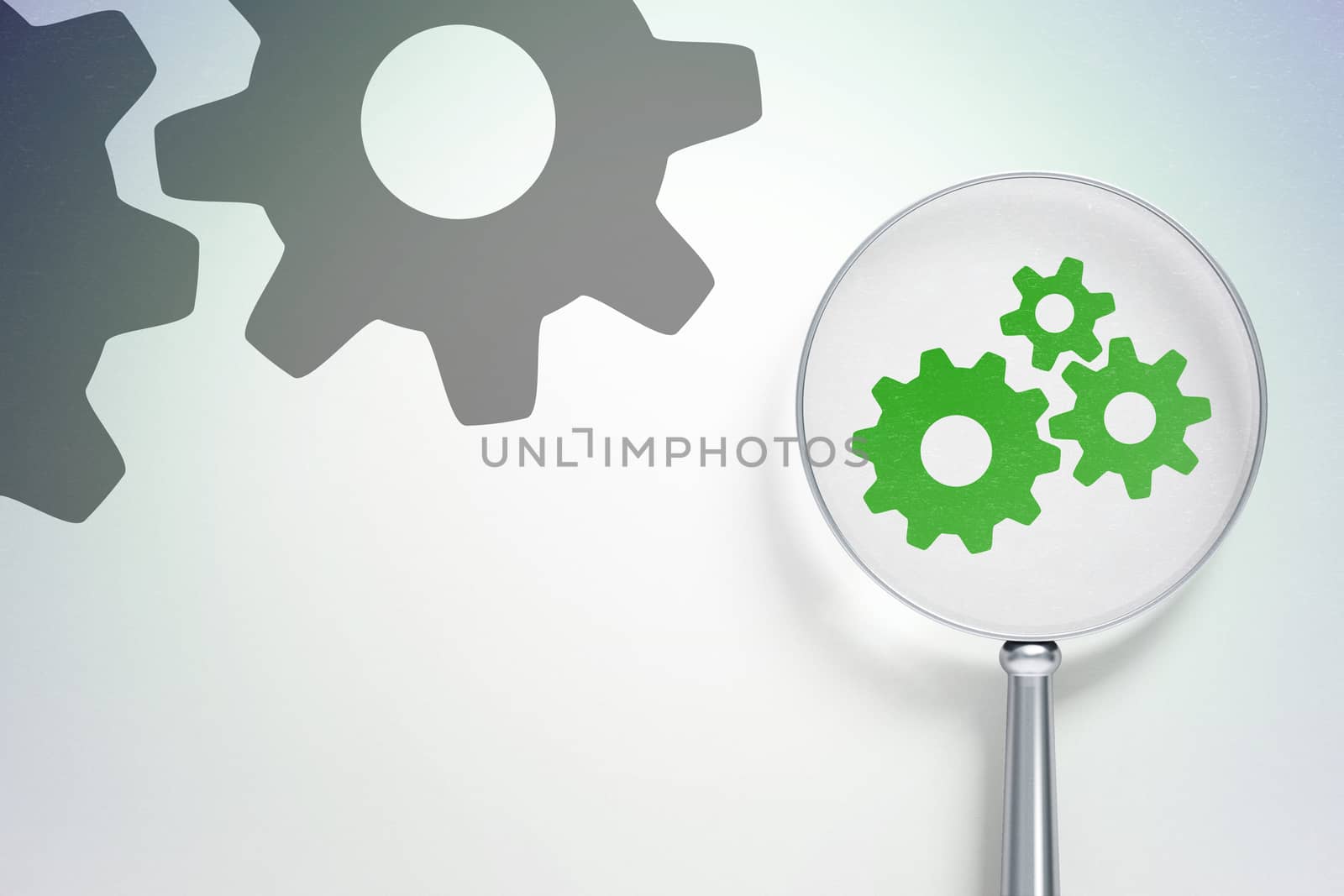 Web development concept: magnifying optical glass with Gears icon on digital background, empty copyspace for card, text, advertising
