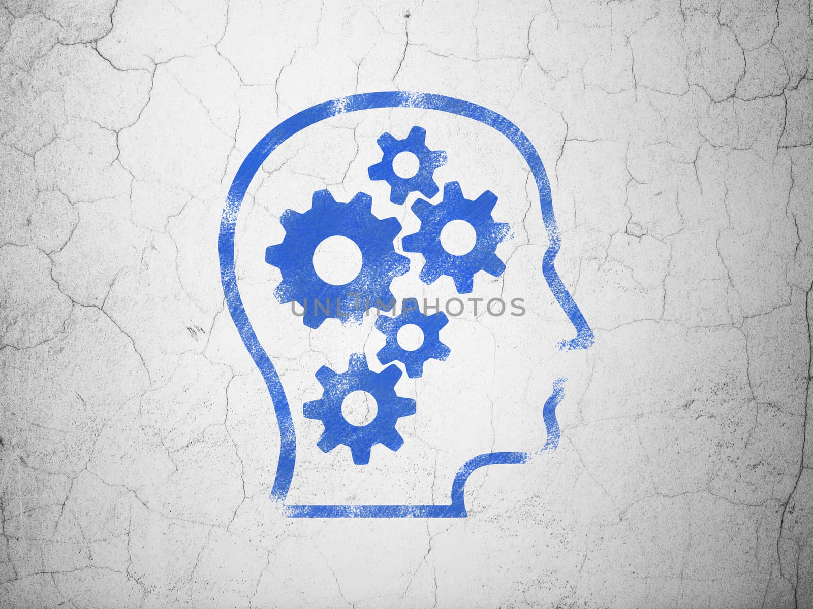 Finance concept: Blue Head With Gears on textured concrete wall background
