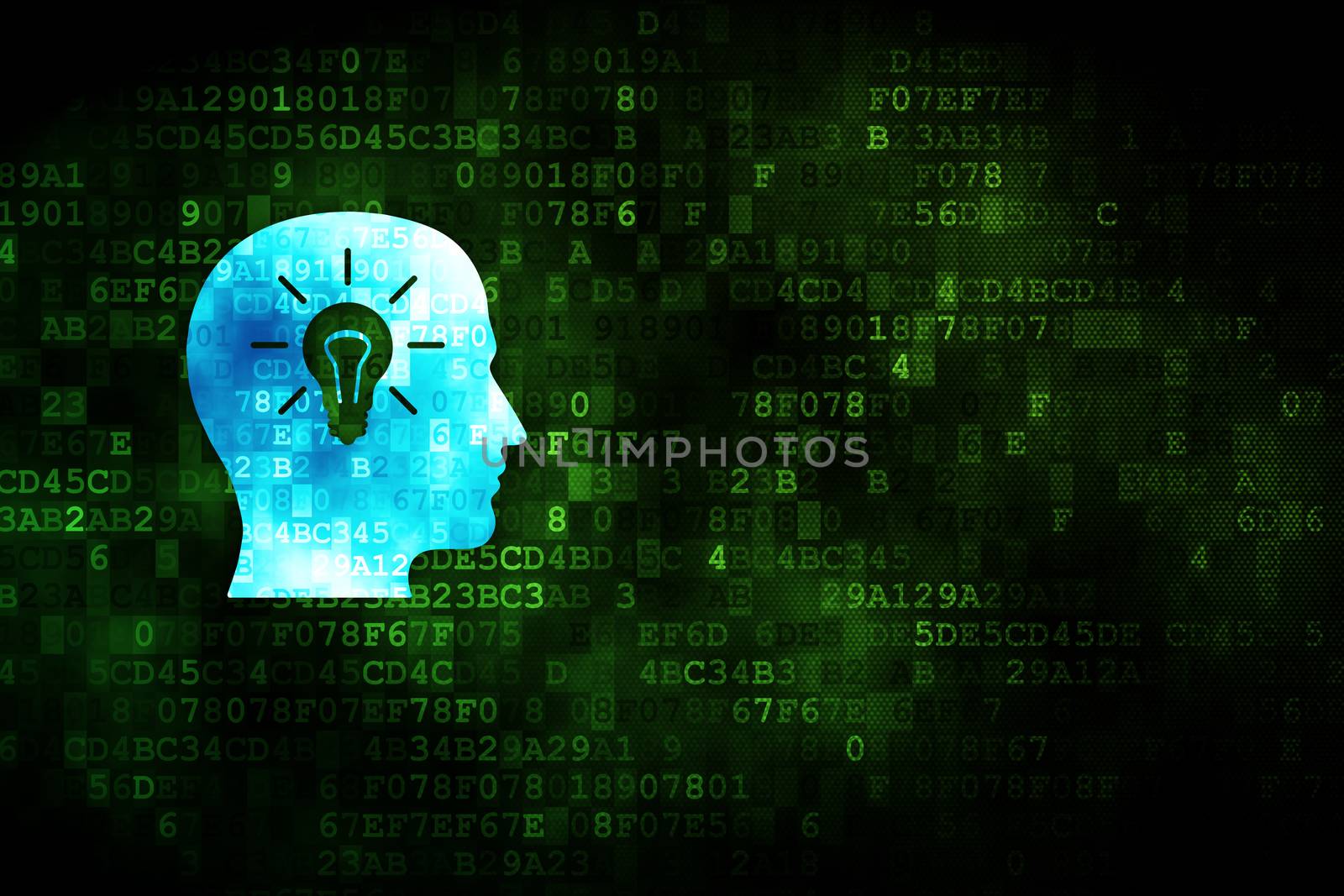 Marketing concept: pixelated Head With Light Bulb icon on digital background, empty copyspace for card, text, advertising