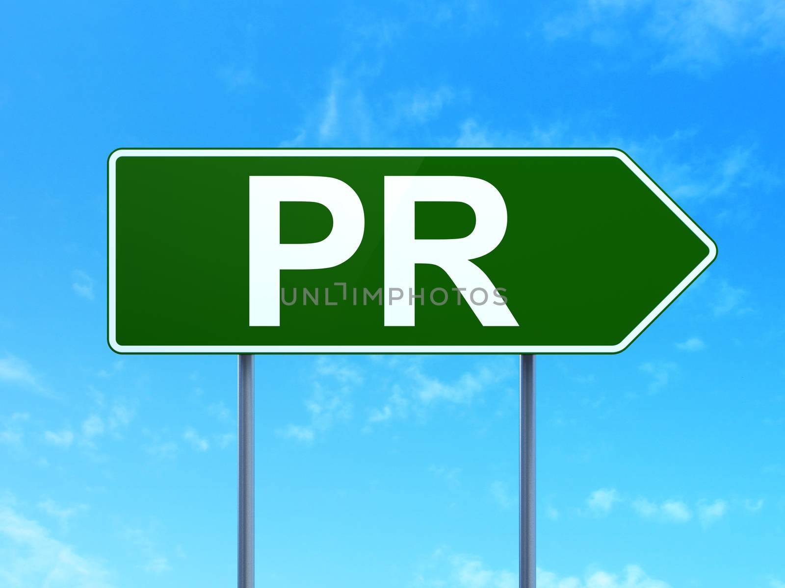 Advertising concept: PR on green road highway sign, clear blue sky background, 3d render