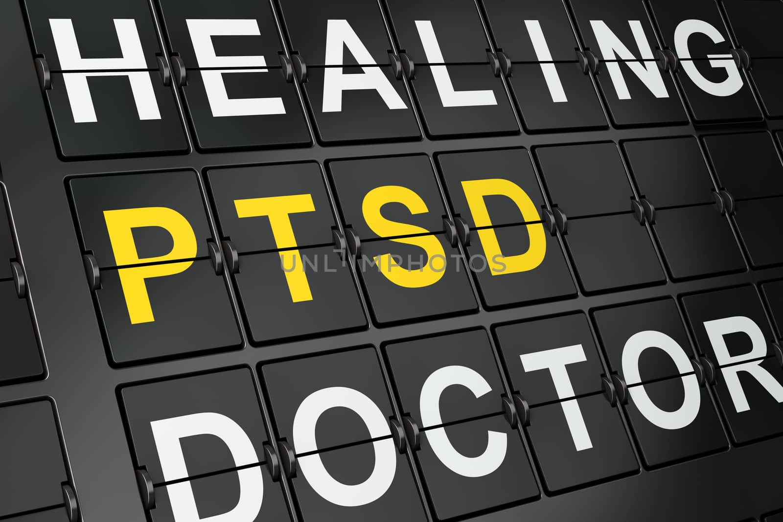 Medicine concept: PTSD on airport board background, 3d render 