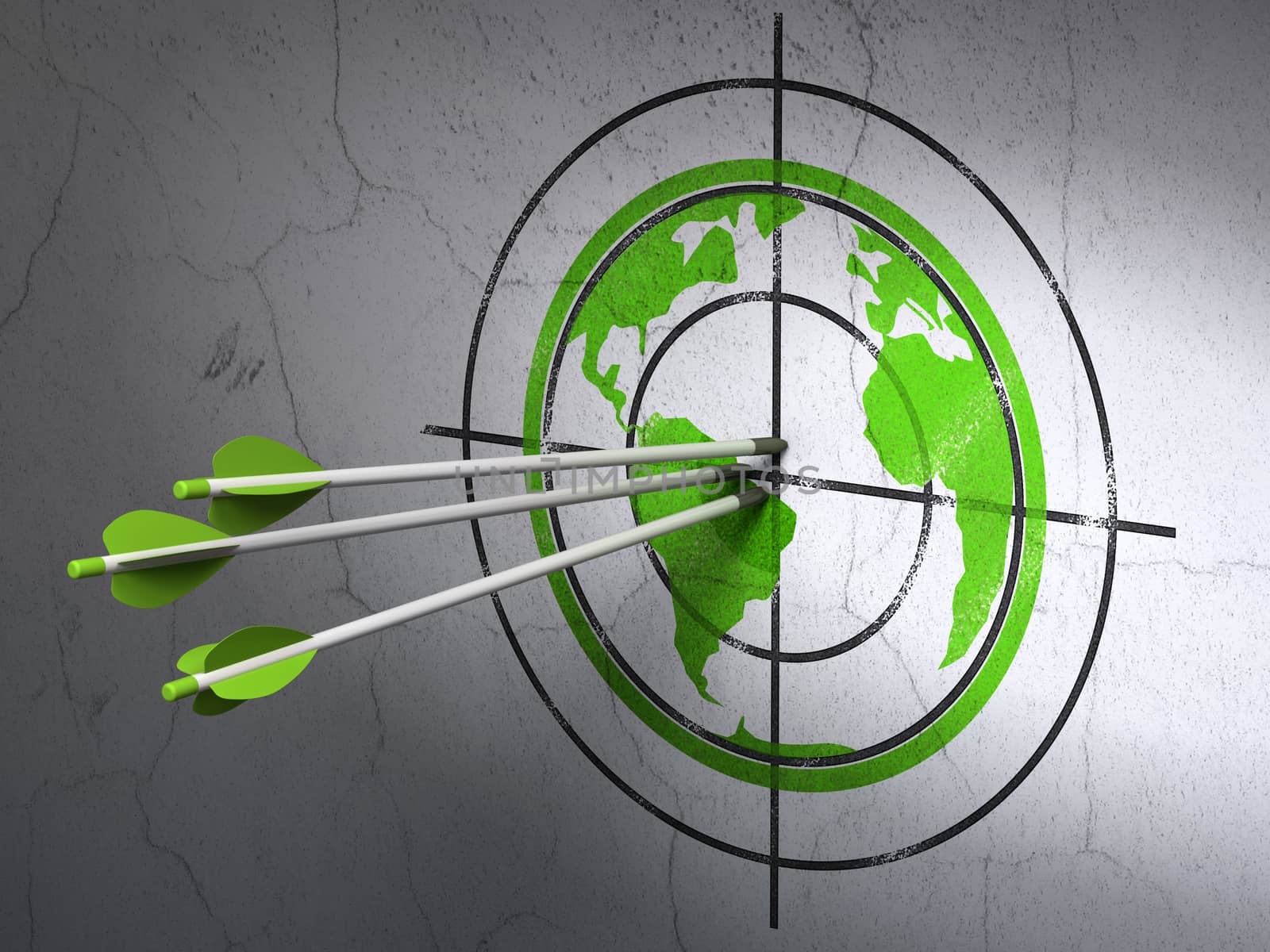 Success Science concept: arrows hitting the center of Green Globe target on wall background