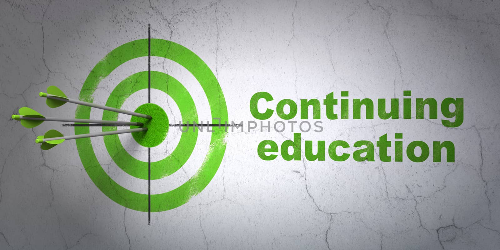 Success Learning concept: arrows hitting the center of target, Green Continuing Education on wall background