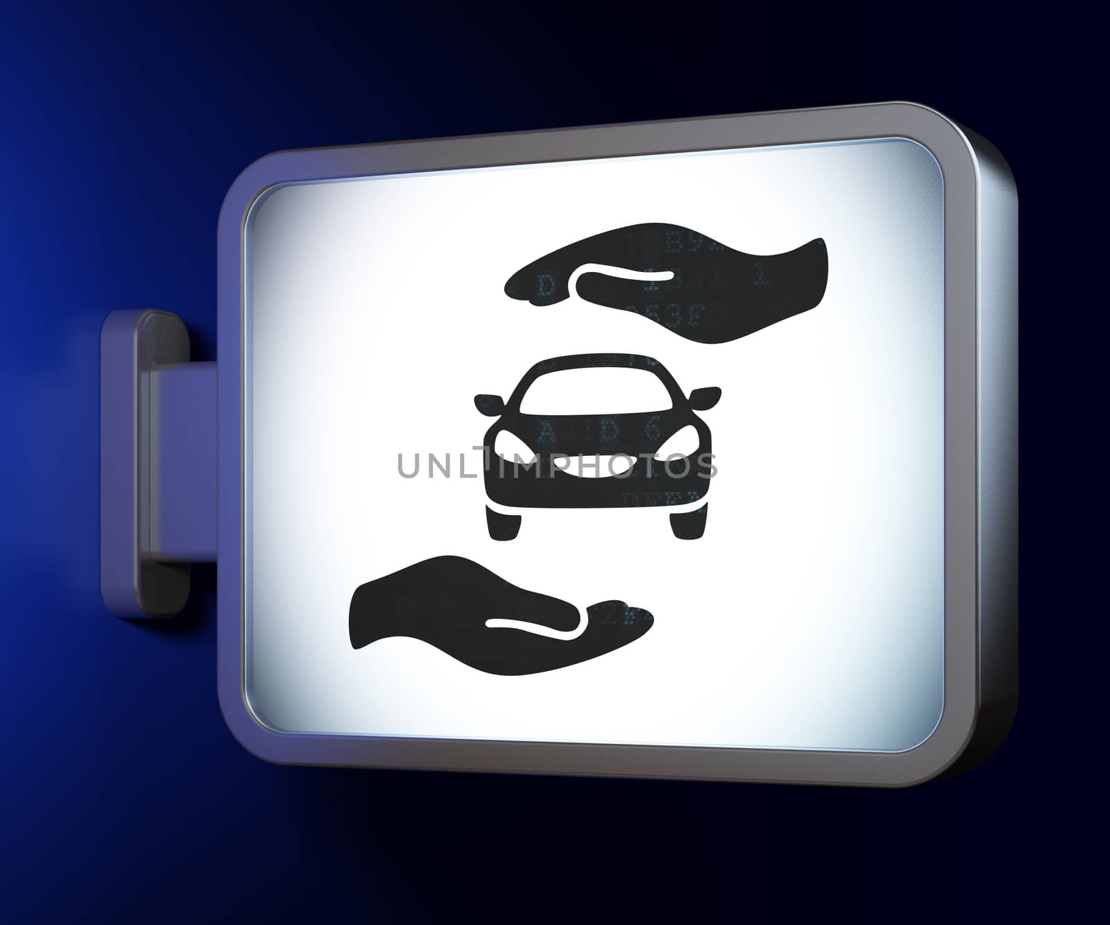 Insurance concept: Car And Palm on advertising billboard background, 3d render