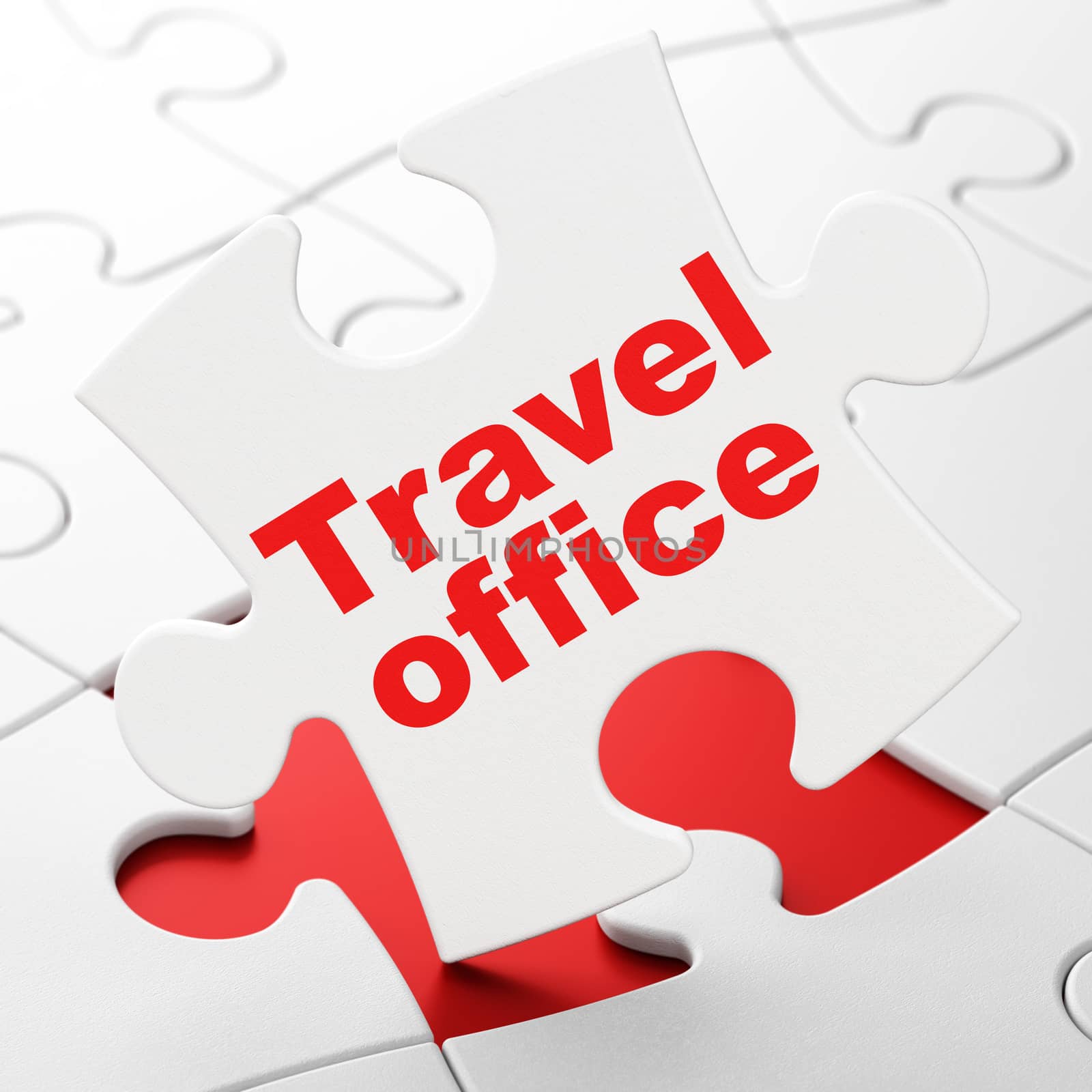 Tourism concept: Travel Office on White puzzle pieces background, 3d render