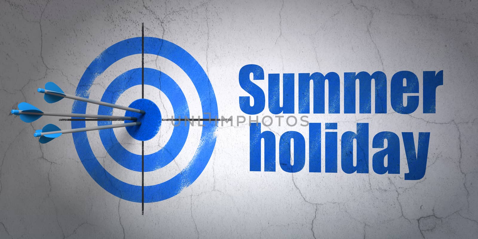 Success vacation concept: arrows hitting the center of target, Blue Summer Holiday on wall background