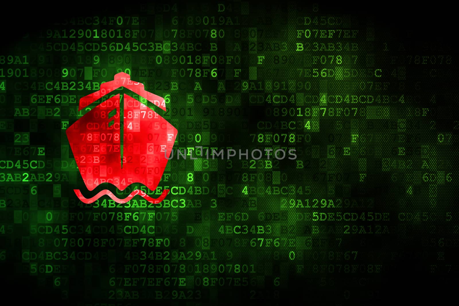Travel concept: pixelated Ship icon on digital background, empty copyspace for card, text, advertising