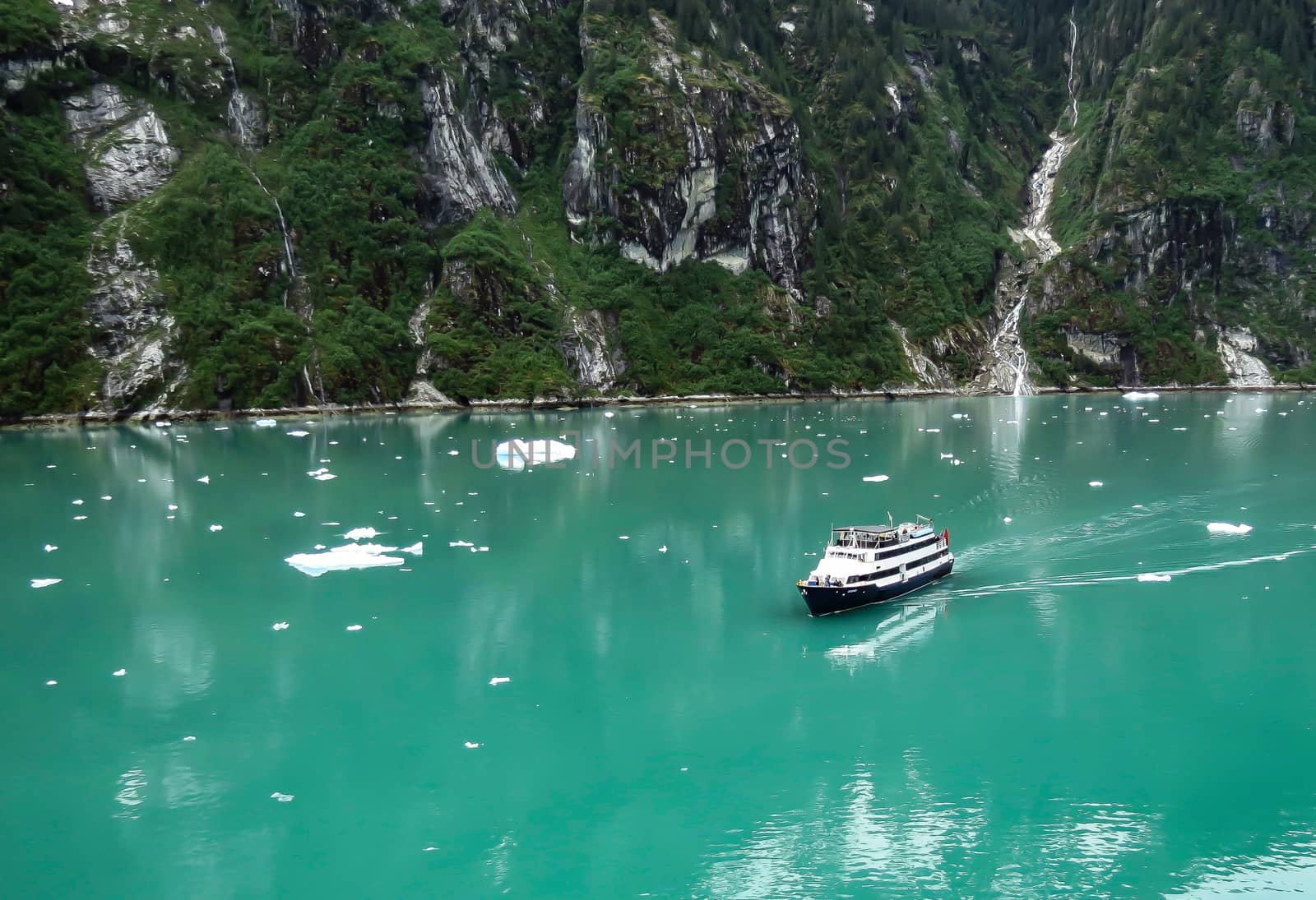 Tracy Arm, Alaska, USA- June 19, 2012: A small cruise ship with passengers on the deck admire the scenery in this lovely area of Tracy Arm in Alaska,