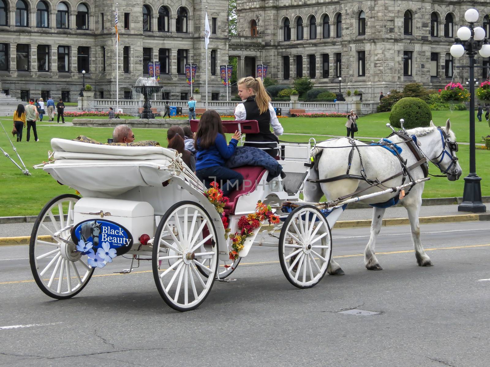 Victoria, British Columbia, Canada- June 21, 2012: A horse and carriage take tourists along Government Street on a lovely sunny summer day in this popular city in the Pacific Northwest.