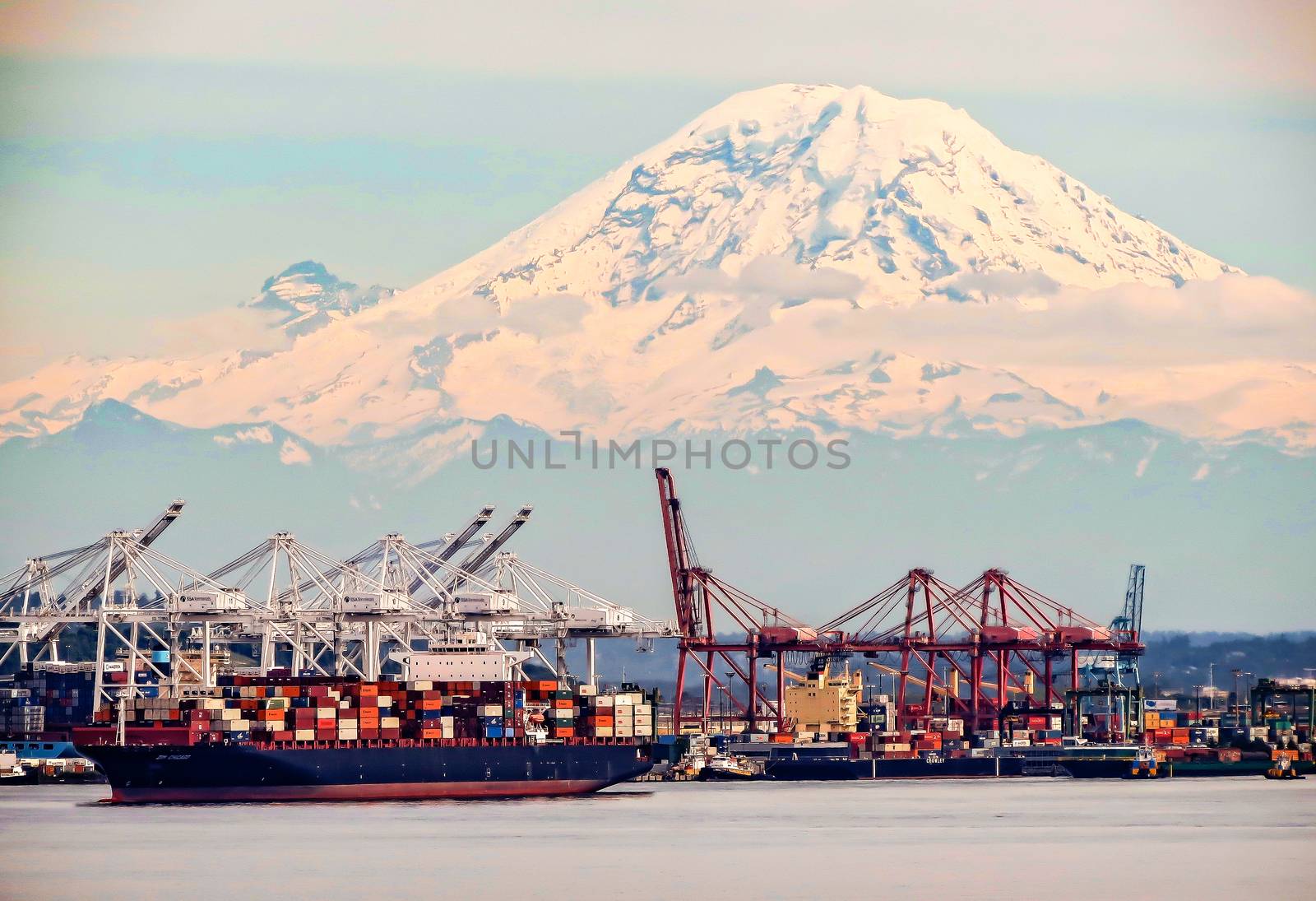 Seattle, Washington, USA- June 15, 2012: Cranes and container ships make for a busy shipping industry in the Port of Seattle inside Elliot Bay with a view of Mount Adams in the background.