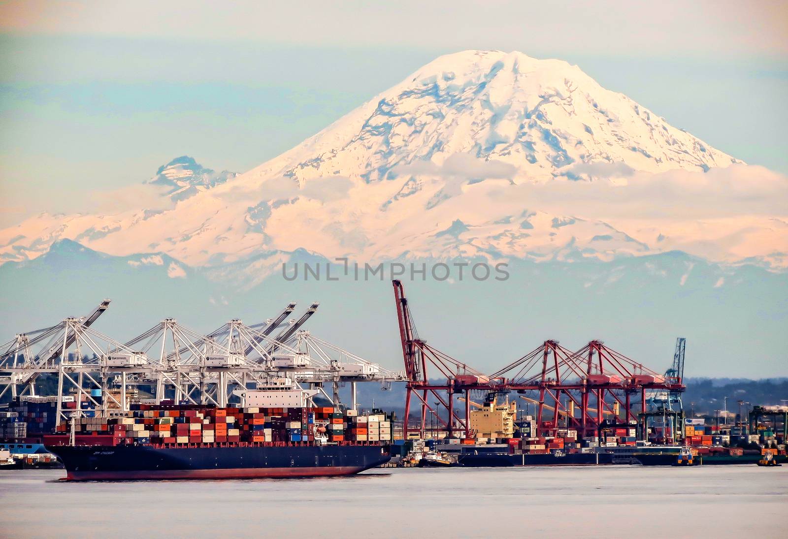 Seattle, Washington, USA- June 15, 2012: Cranes and container ships make for a busy shipping industry in the Port of Seattle inside Elliot Bay with a view of Mount Adams in the background.