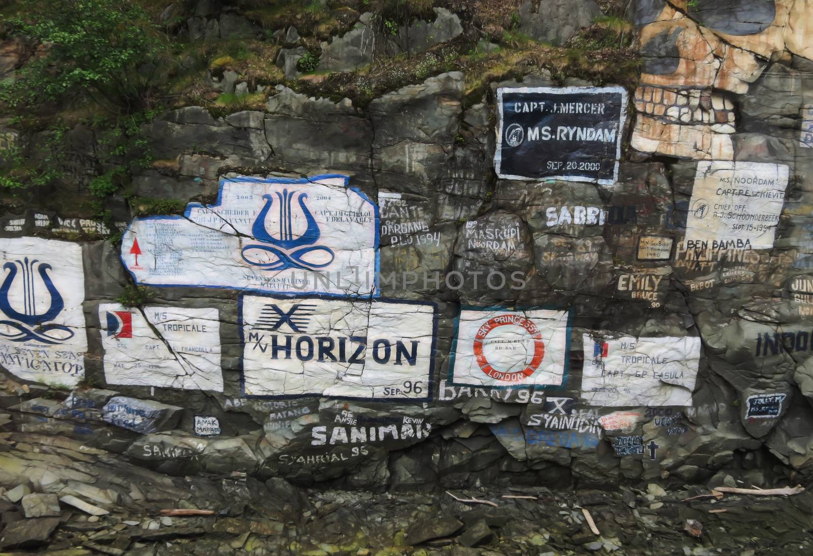 Ship Signature Wall in Skagway shows various names of ships that have docked at the harbor.
Photo taken on: June 18th, 2012