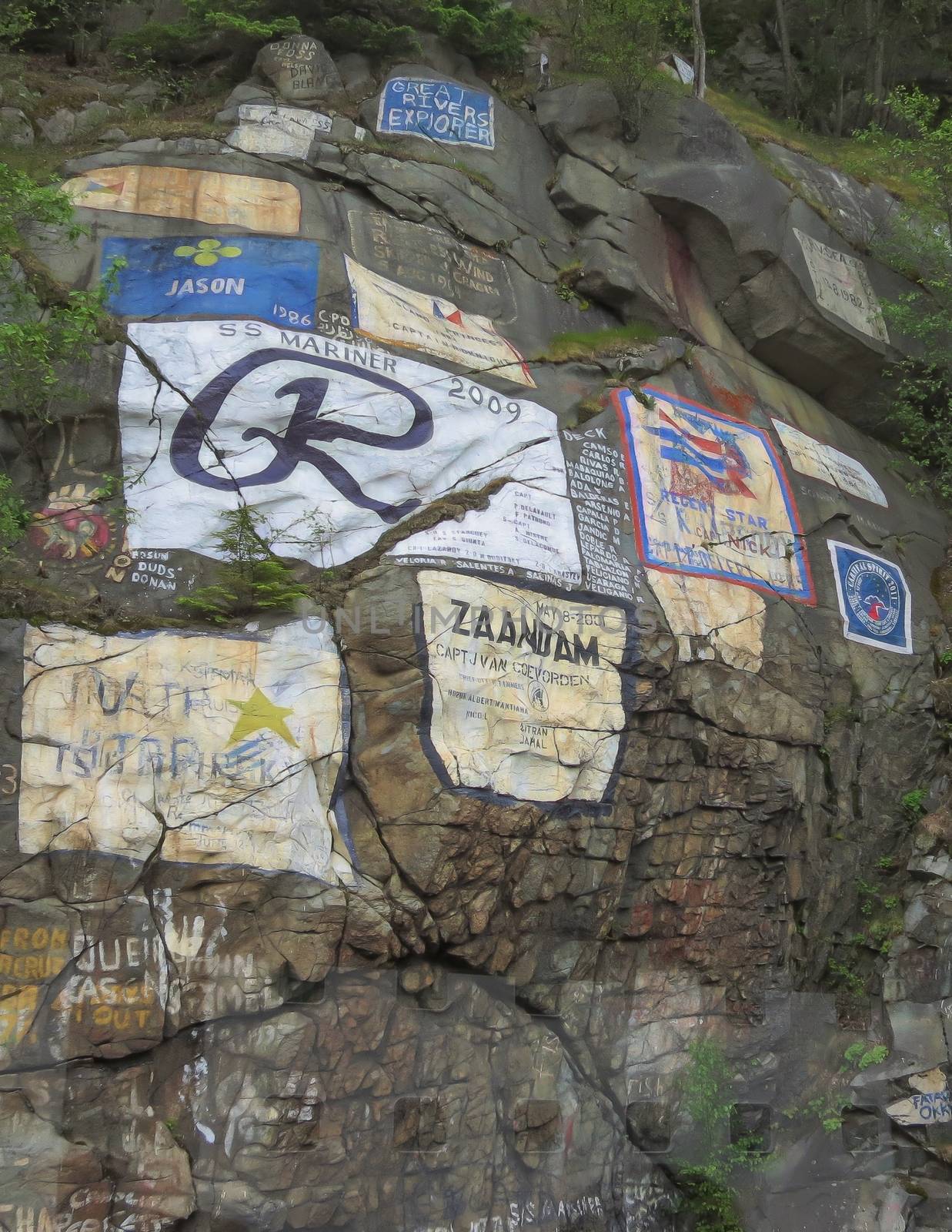 Ship Signature Wall in Skagway shows various names of ships that have docked at the harbor.
Photo taken on: June 18th, 2012