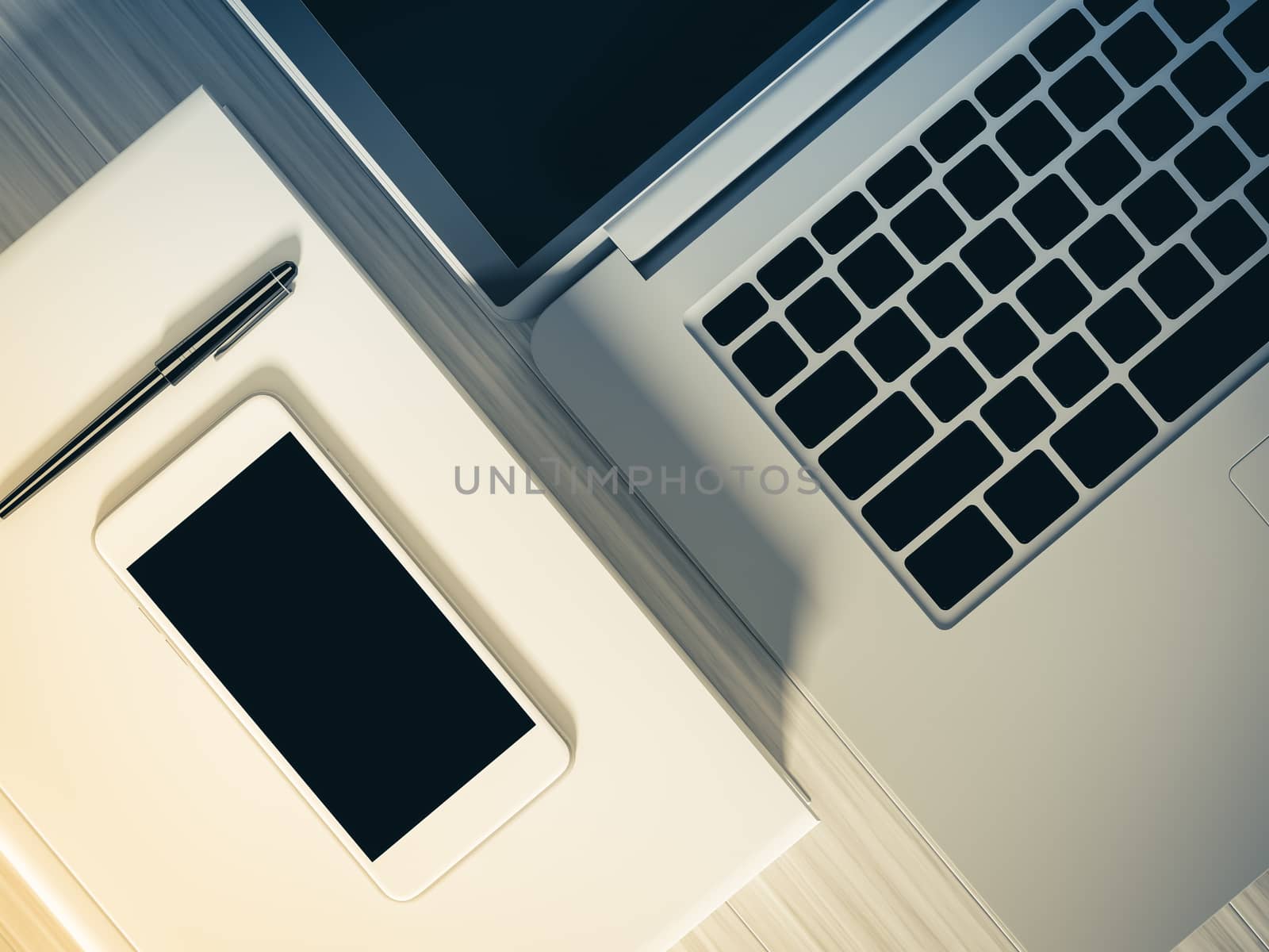 High angle view of a setting table of business workplace, shot in office, home work space