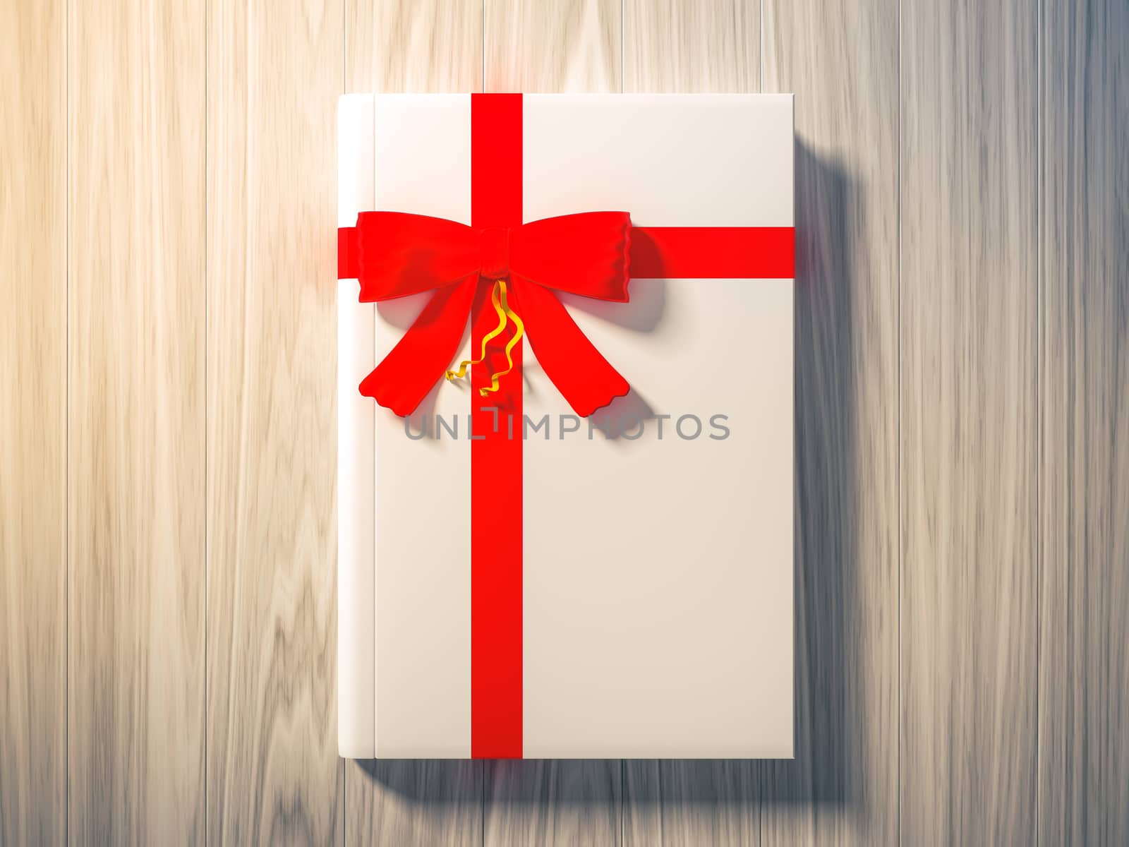 Book wrapped with color ribbon, on color wooden background