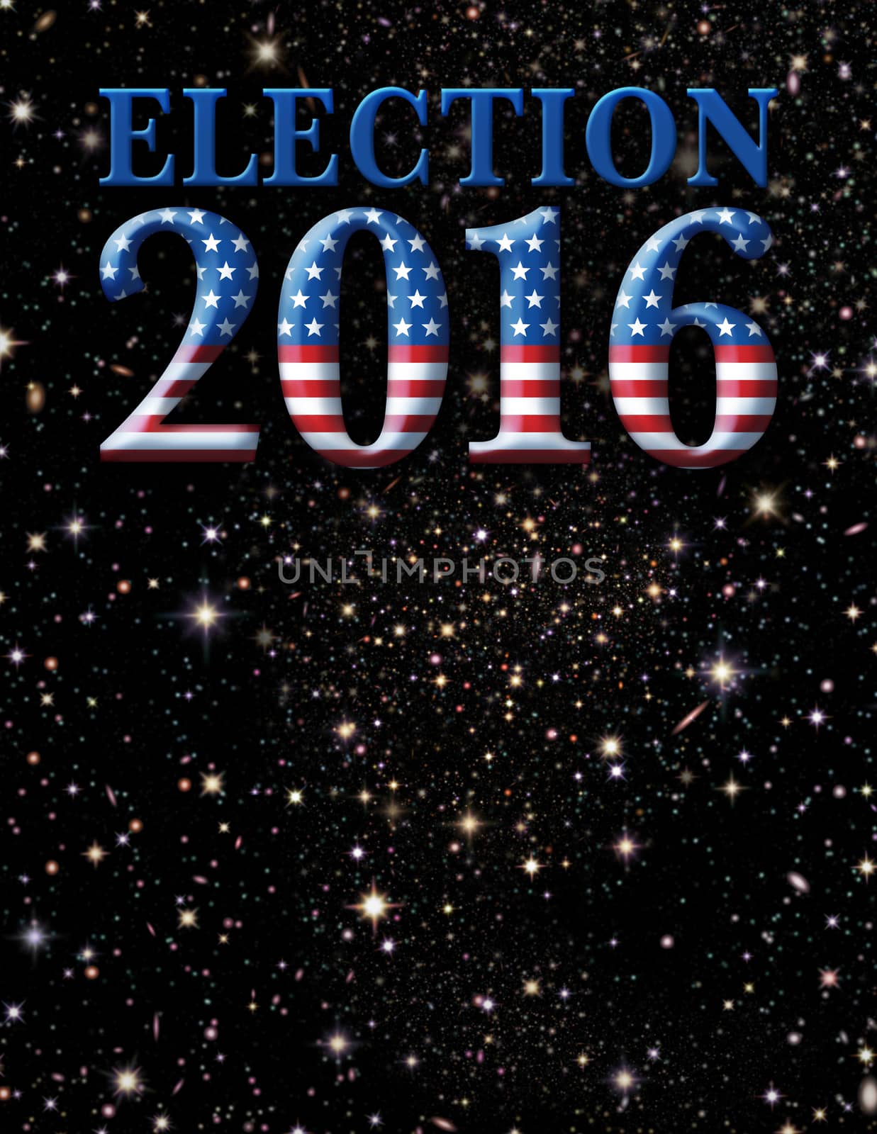 Election 2016 title art filled with satrs and stripes against a star filled sky.