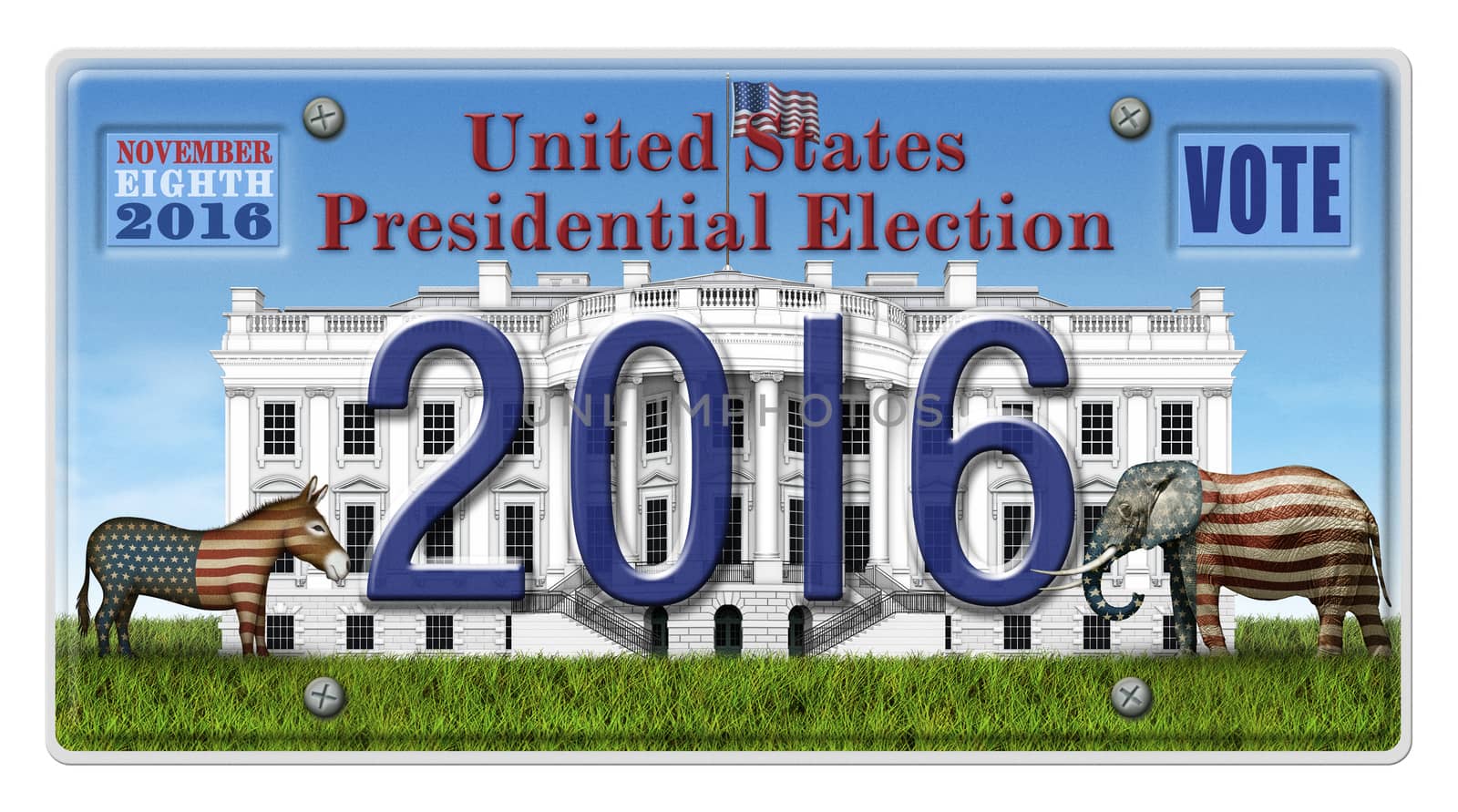 Digital illustration of a license Plate displaying the presidential election year 2016, the White House, a Republican elephant, a Democrat donkey. Includes a clipping path.