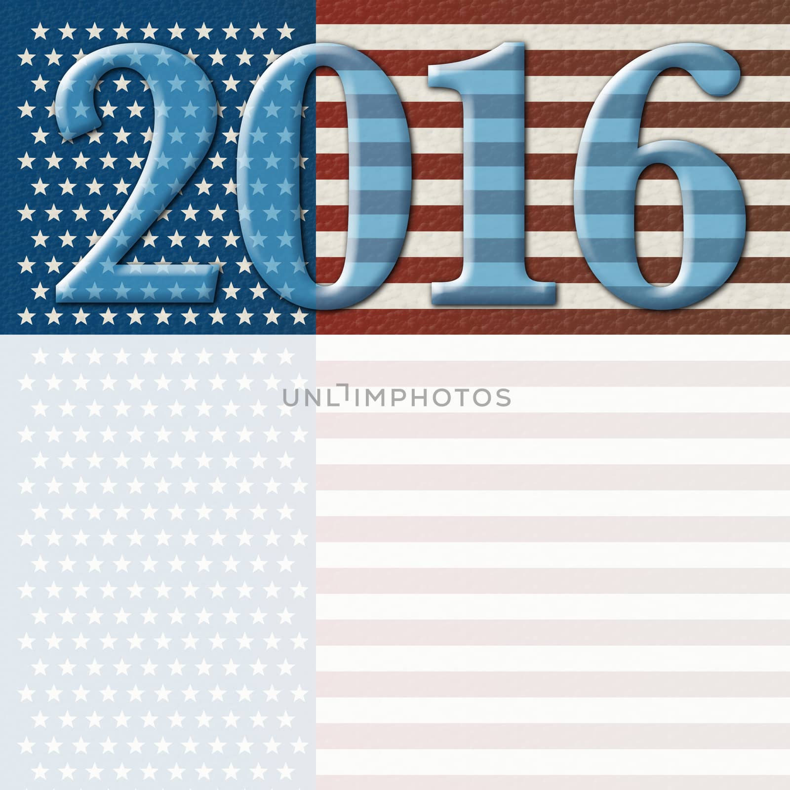 Digital Illustration of the year 2016 against the red, white, and blue stars and stripes of the United States flag. Includes an area to add text or other images.