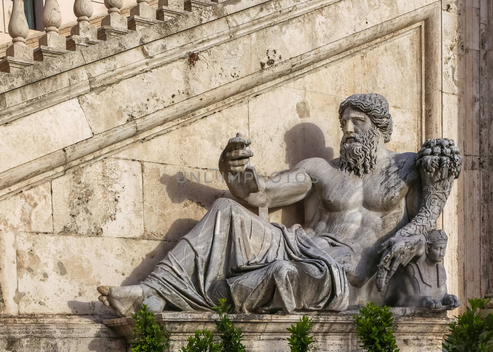 Ancient Roman allegory of Nile River by Matteo di Castello on Capitol Hill in Rome. Statue on the fountain in the square del Campidoglio of Rome, capital of Italy