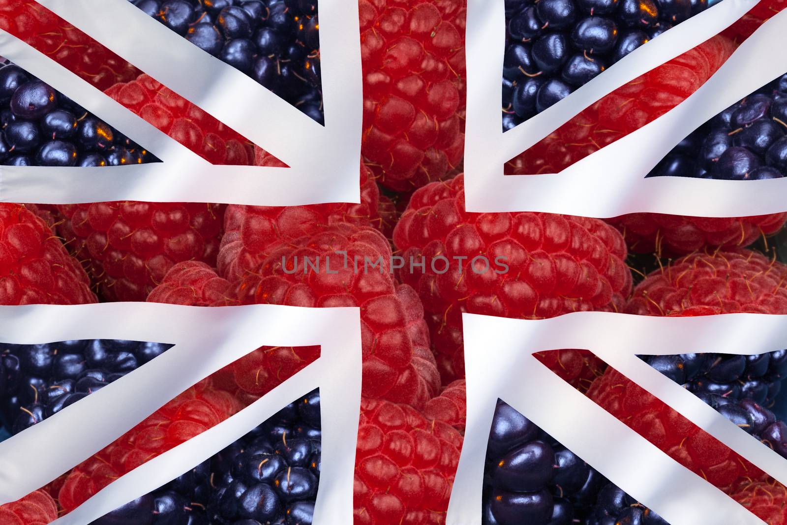 Fruit - Raspberries and blackcurrents - Flag of the United Kingdom of Great Britain and Northern Ireland