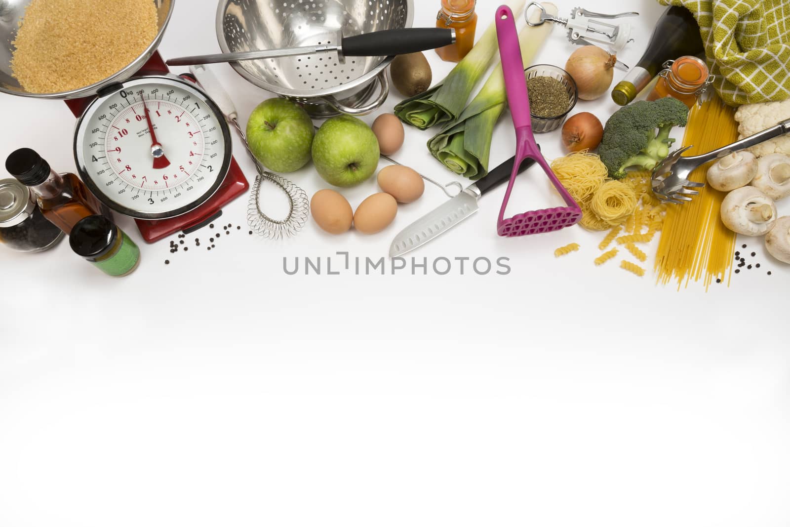 Cooking utensils, Food, Kitchen with Space for Text