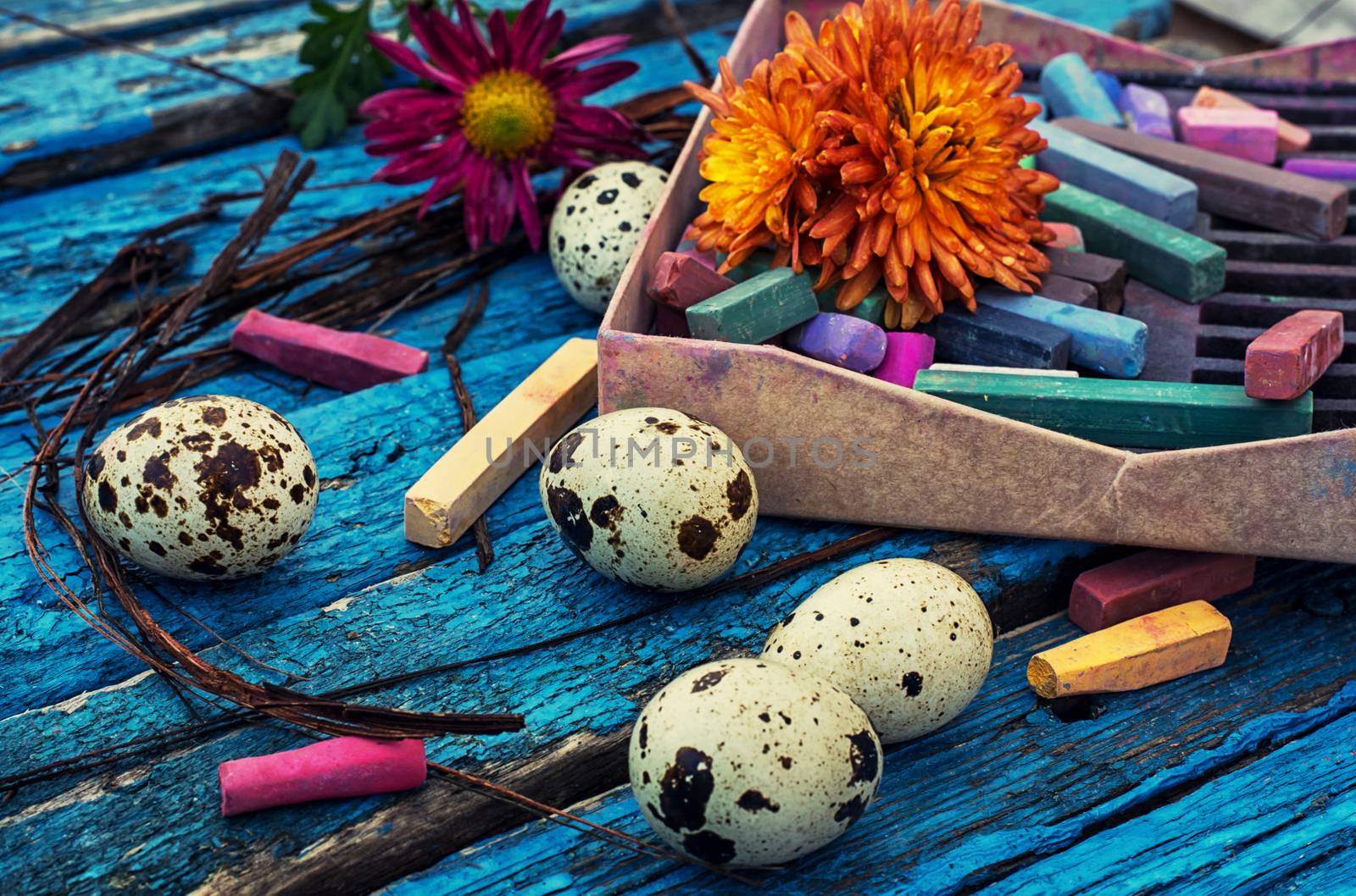 painted eggs for Easter on the background colorn