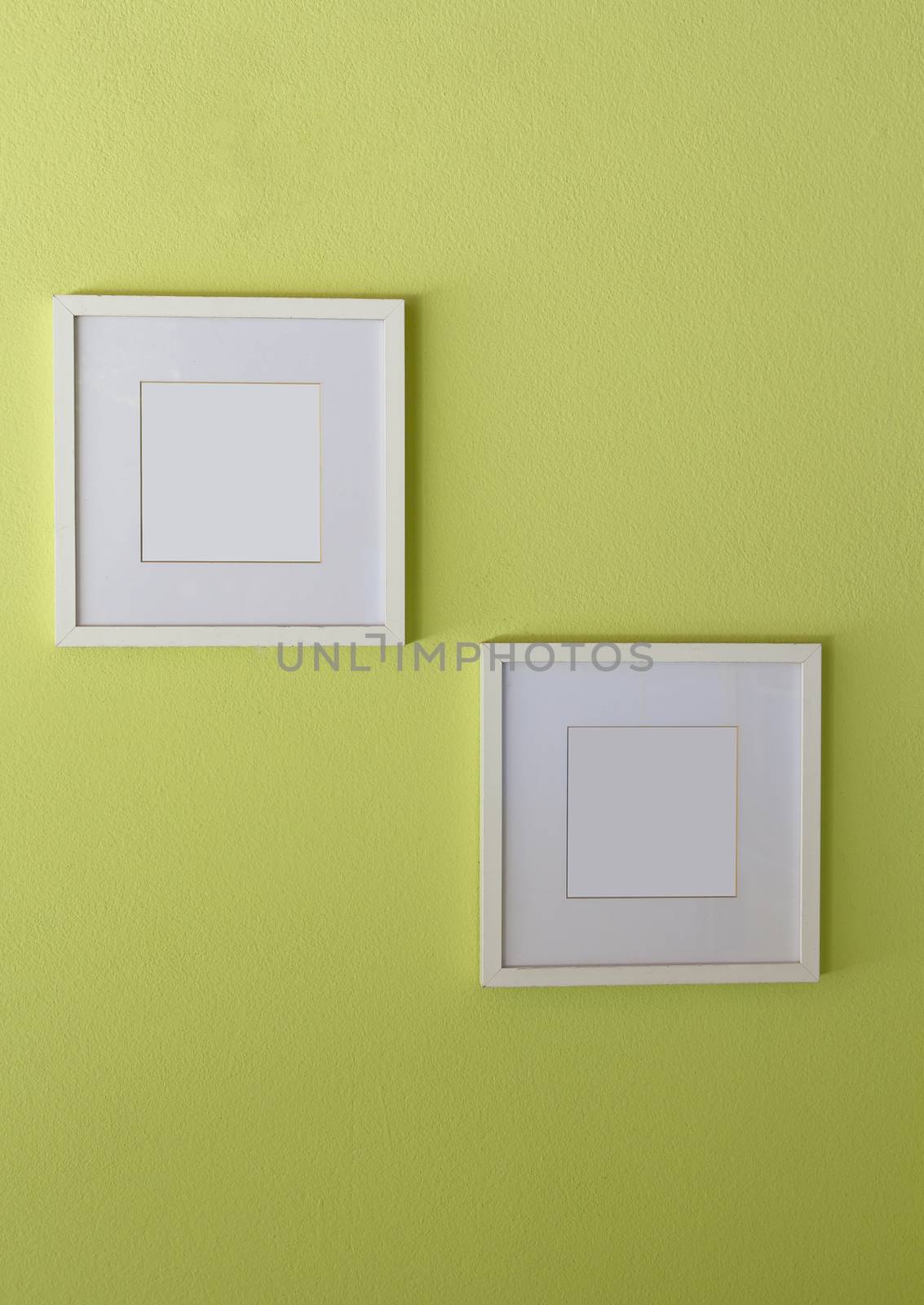 Blank white picture frame on limegreen wall  by chingraph