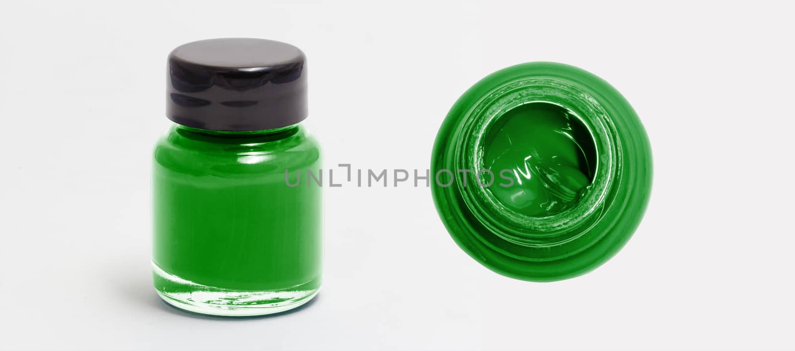 green acrylic color bottle side and top view white isolated with by chingraph