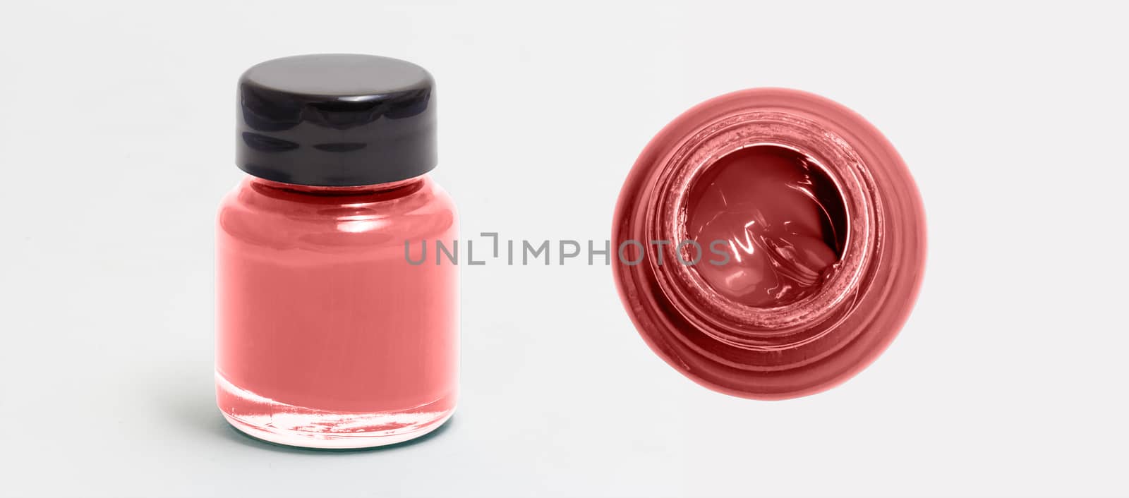 indian red acrylic color bottle side and top view white isolated by chingraph