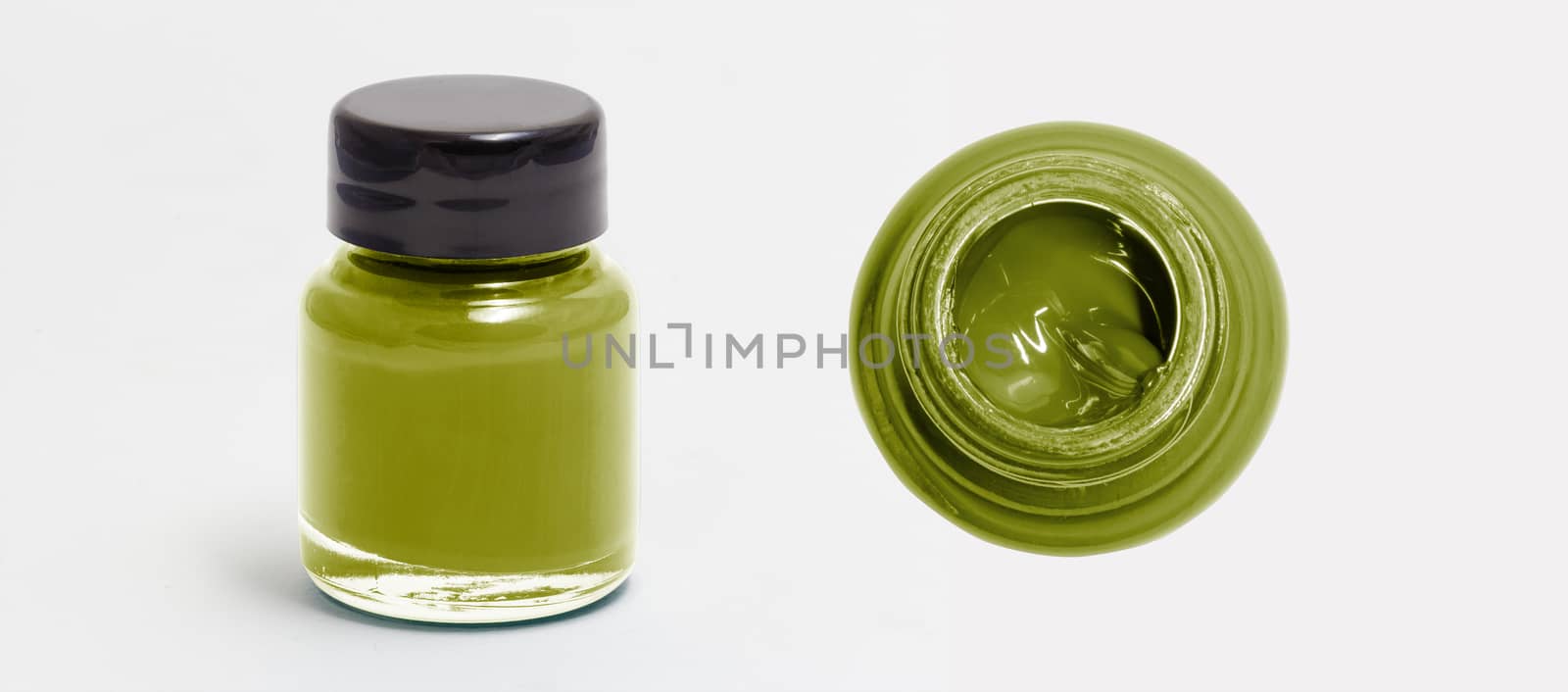 olive acrylic color bottle side and top view white isolated with clipping path