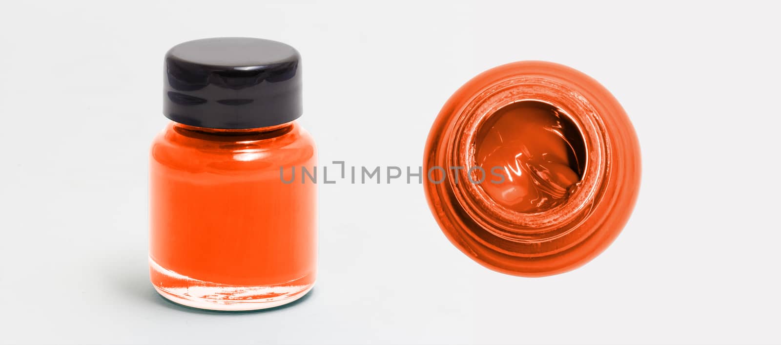 orangere dacrylic color bottle side and top view white isolated  by chingraph